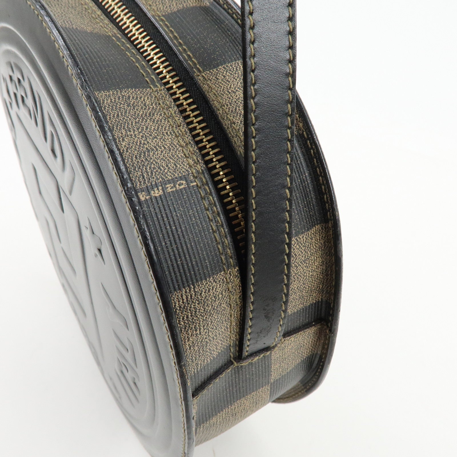 FENDI Leather PVC Round Shoulder Bag Checker Pattern Black Brown