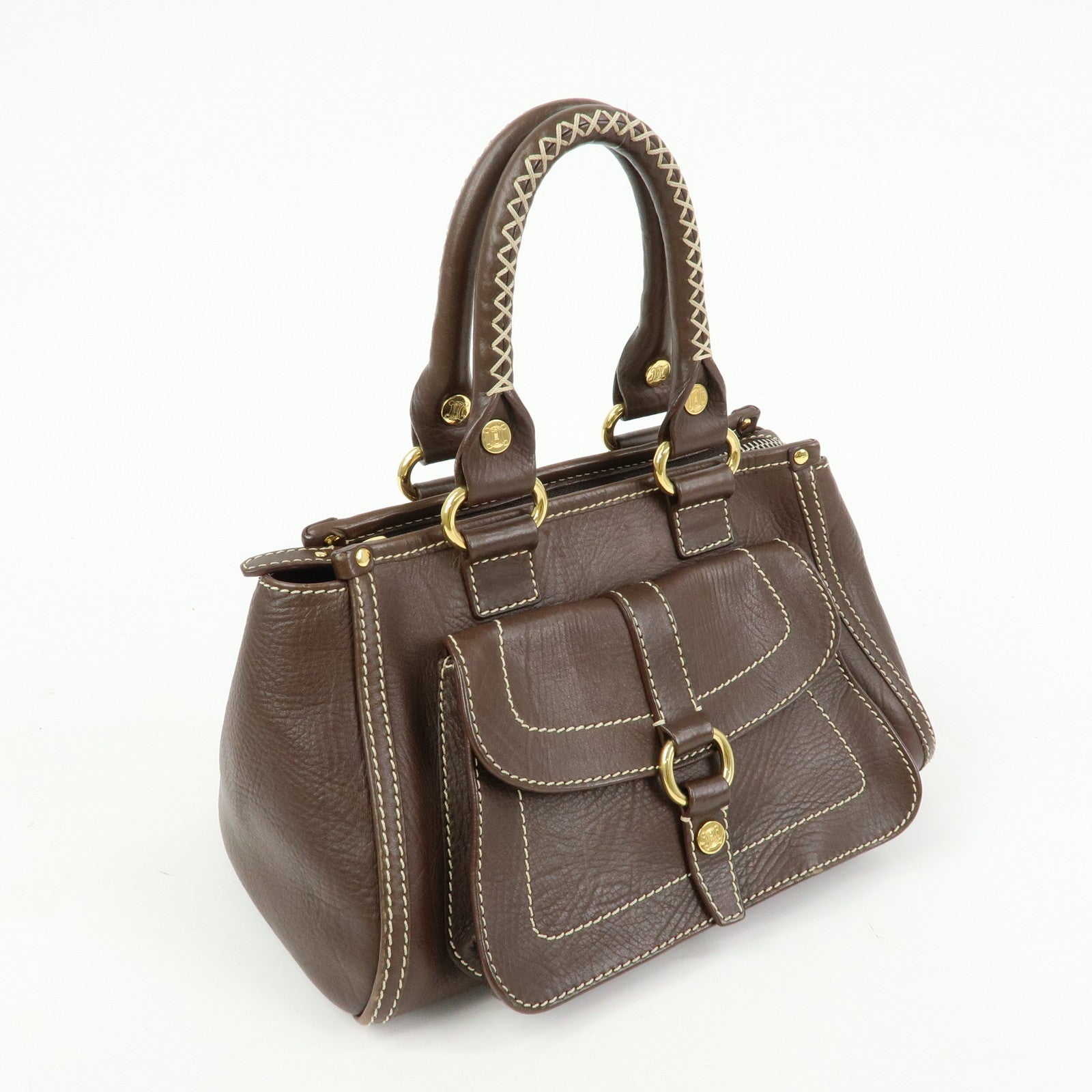CELINE Logo Leather Hand Bag Mini Boston Bag Dark Brown