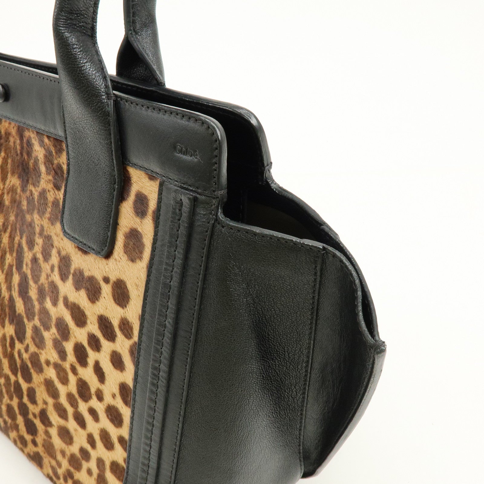 Chloe Allison Unborn Calf Leather Tote Bag Hand Bag Leopard Black