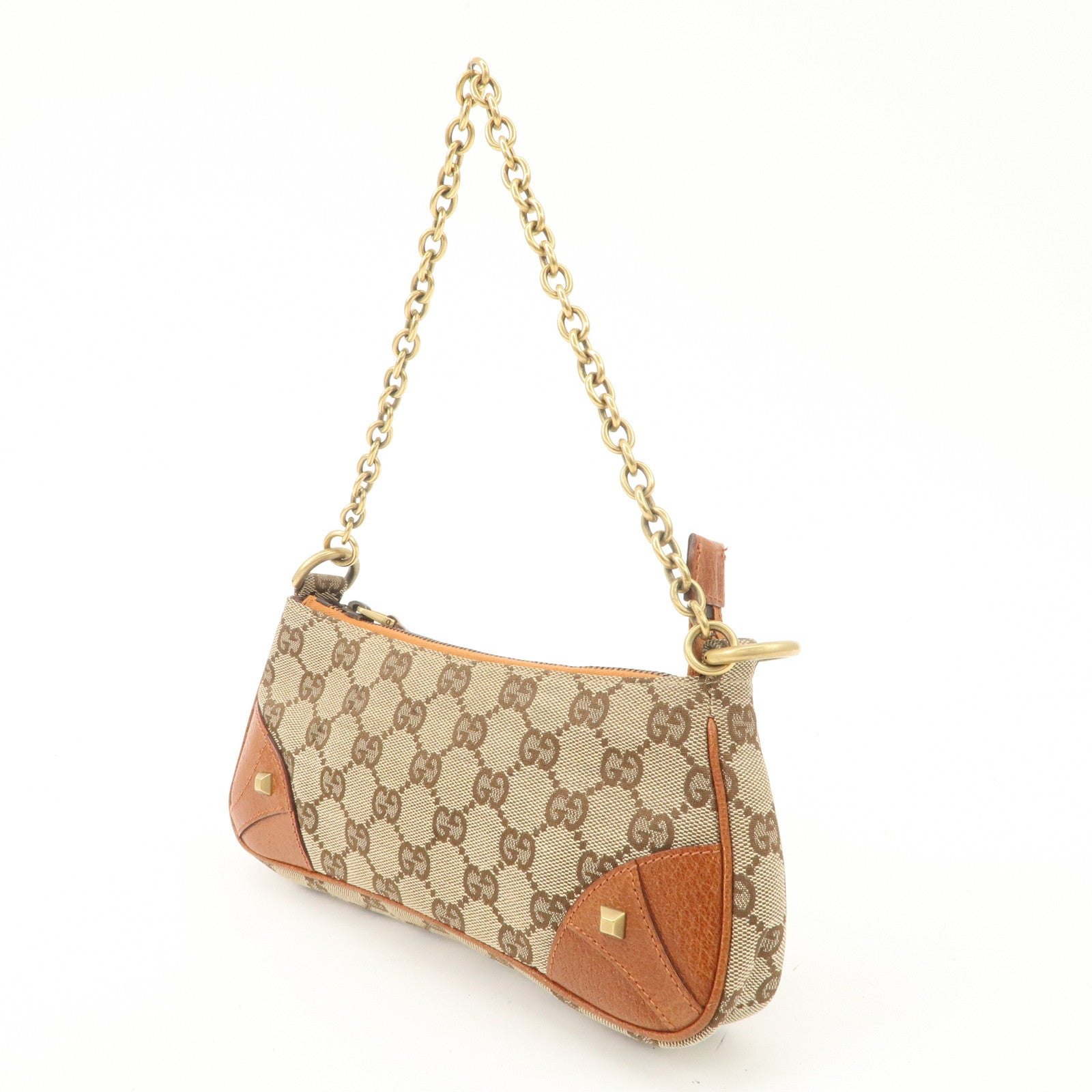 GUCCI GG Canvas Leather Chain Hand Bag Pouch Beige Brown 120940 Used