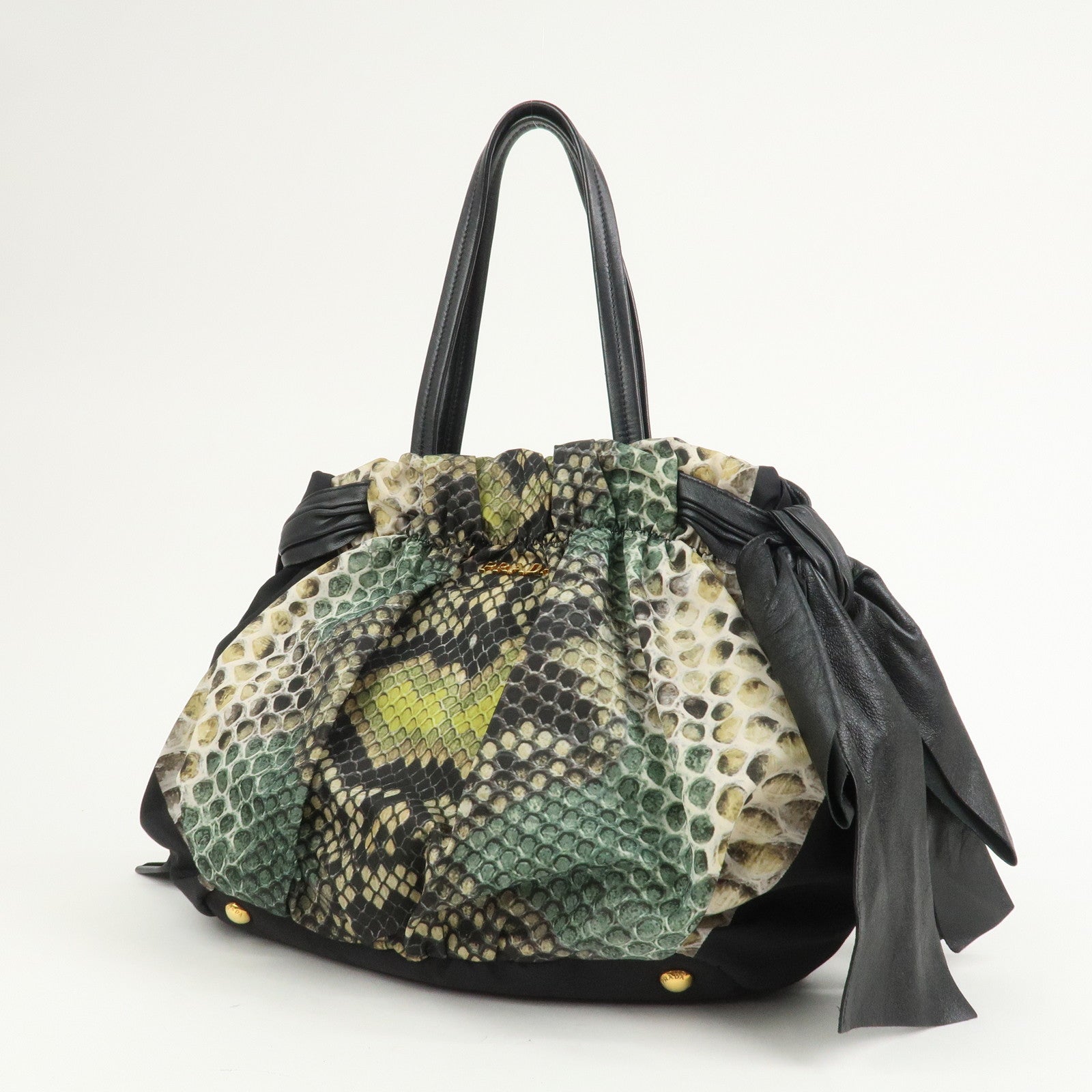 PRADA Logo Nylon Nappa Leather Shoulder Bag Black Green BR4230