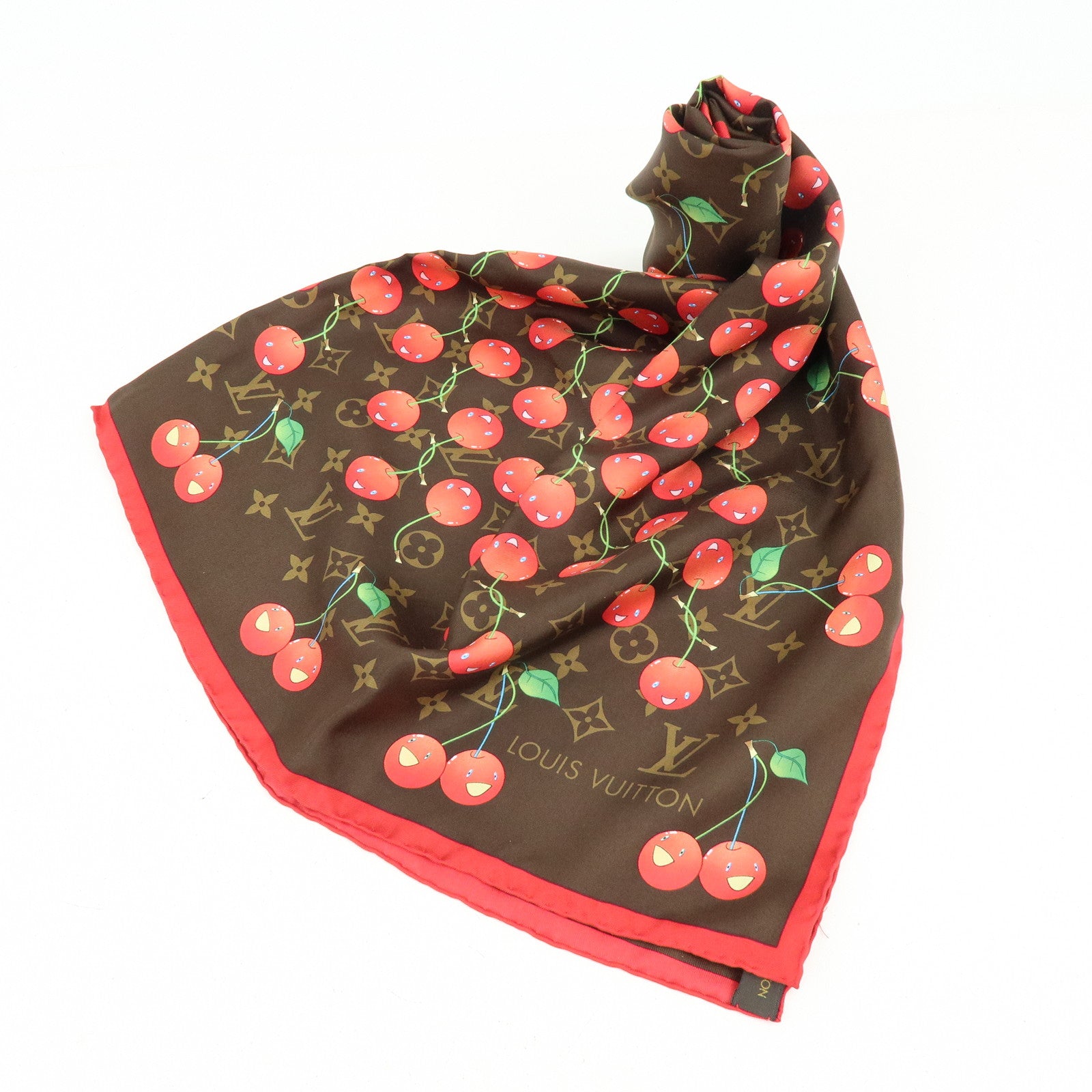 Louis Vuitton Monogram Cherry Silk 100% Scarf Brown Red M71962