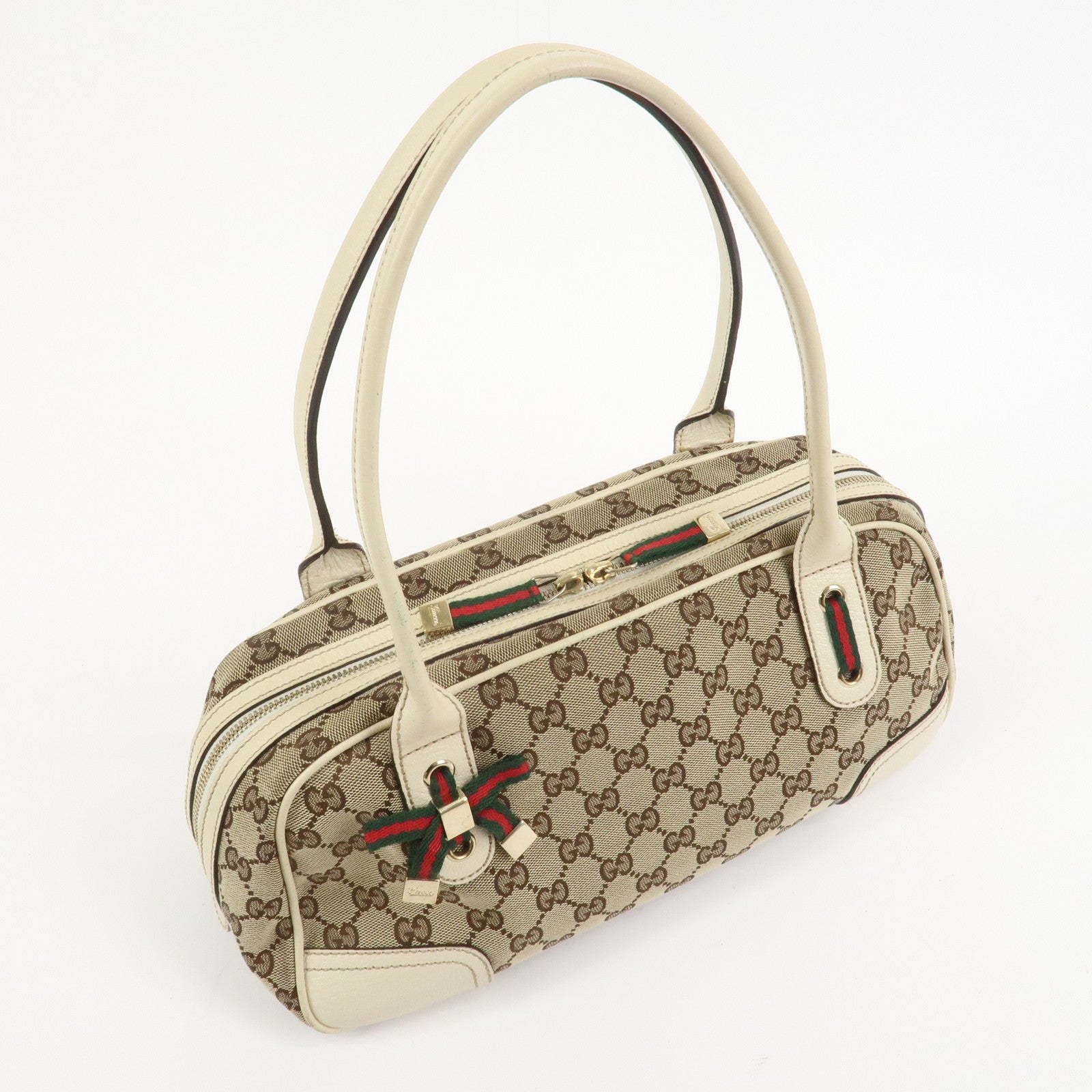GUCCI Princy Sherry GG Canvas Leather Boston Bag Brown Ivory 161720