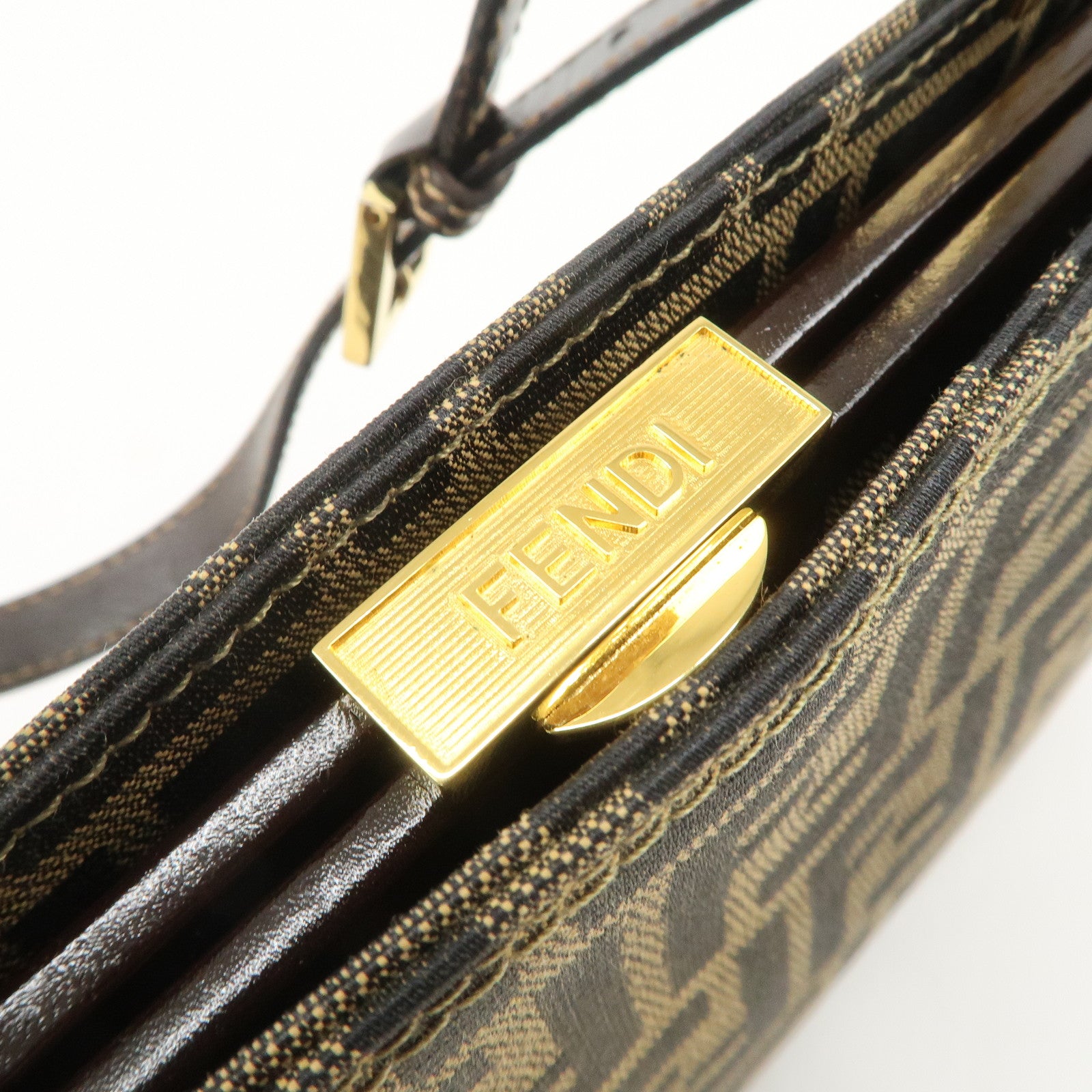 FENDI Zucca Canvas Leather Shoulder Bag Hand Bag Brown Black