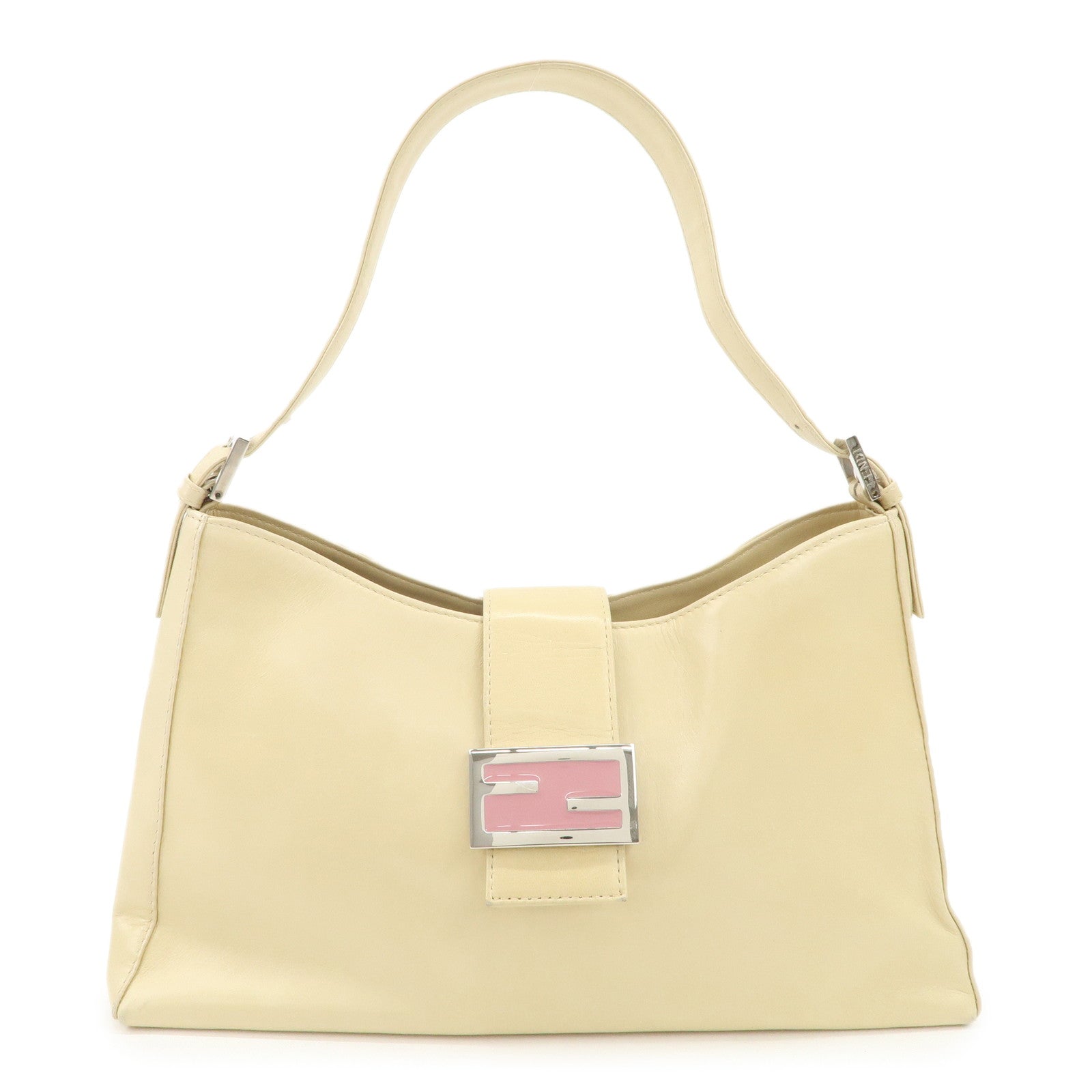 FENDI Logo Leather Shoulder Bag Hand Bag Beige Silver Hardware
