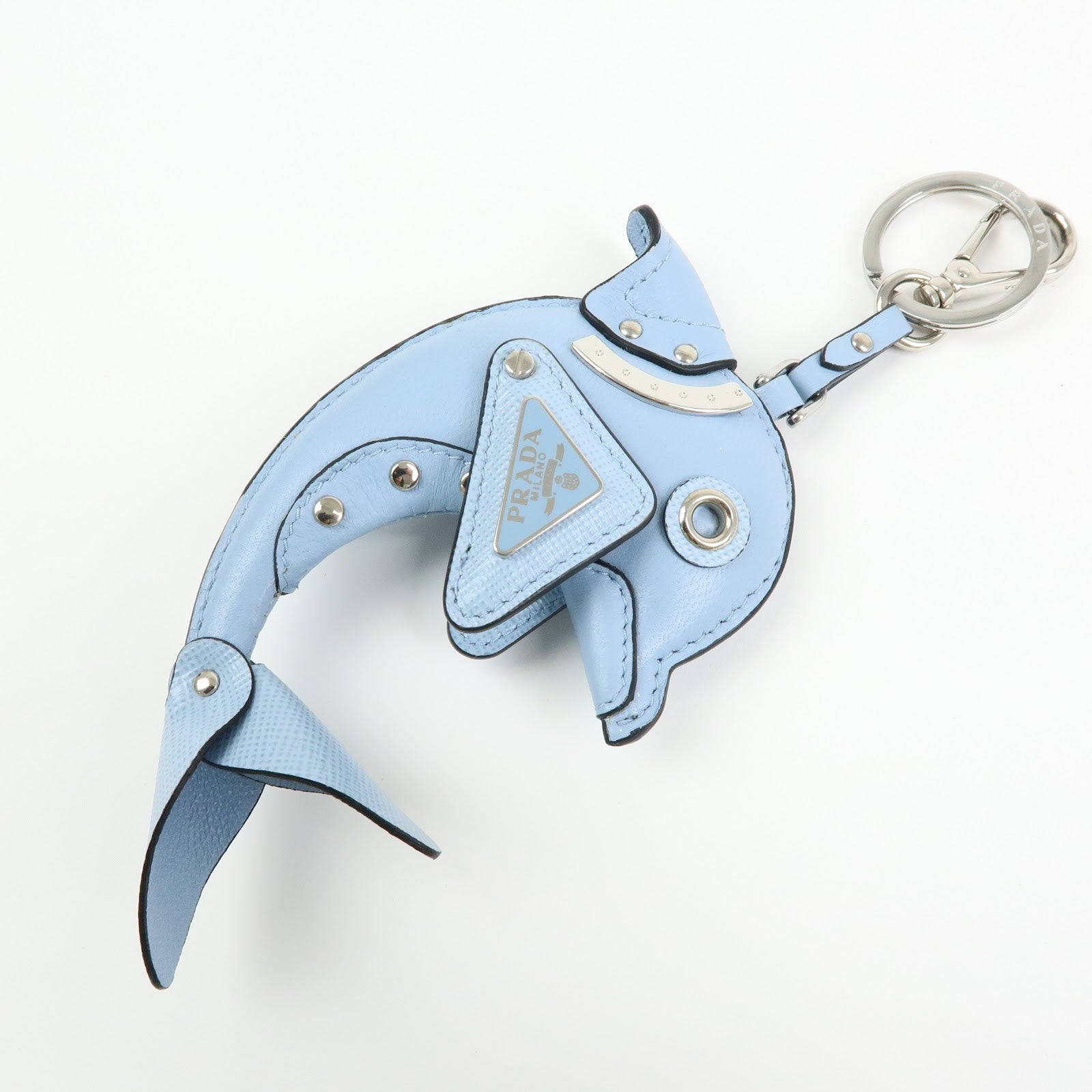 PRADA Triangle Logo Dolphin Motif Leather Key Charm Light Blue