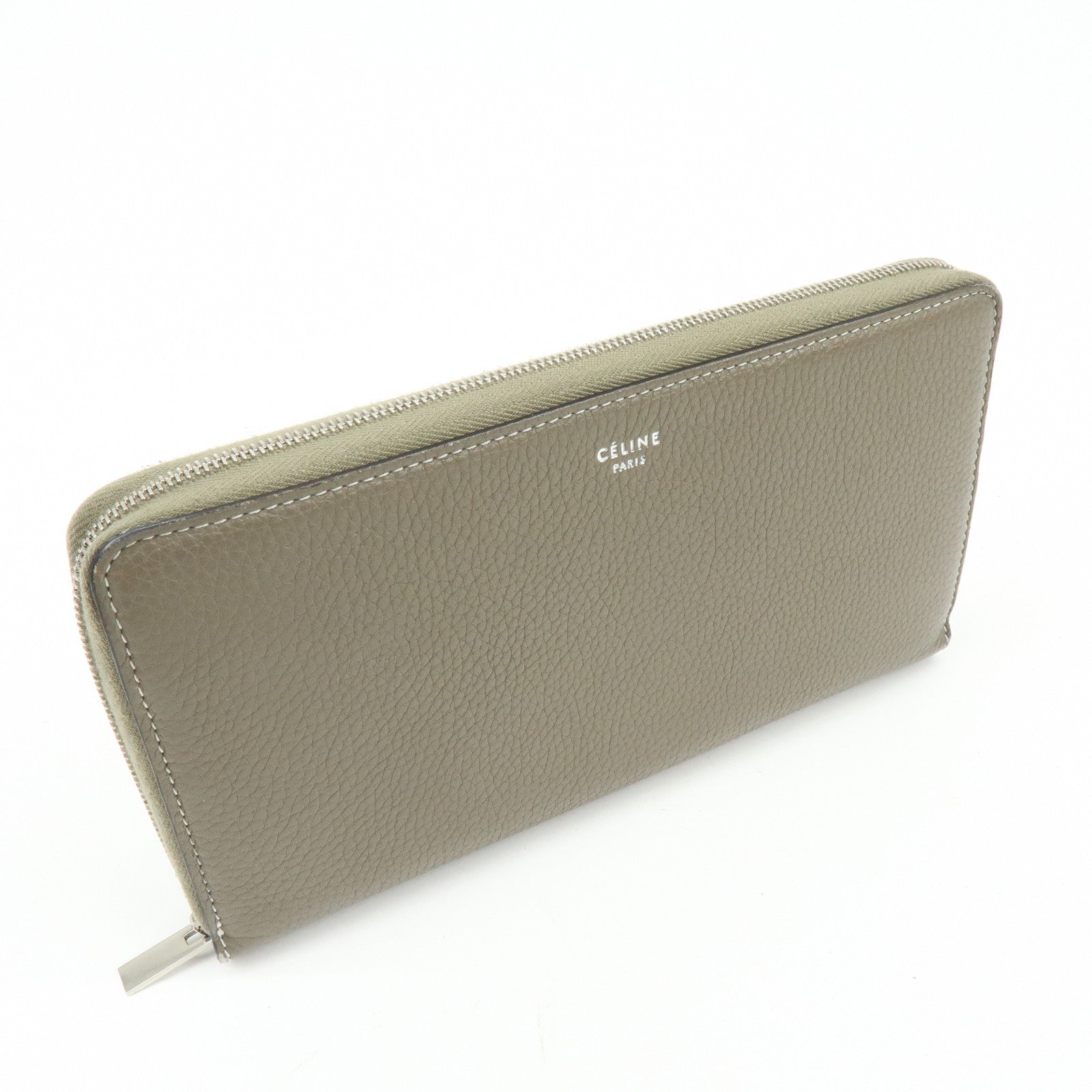 CELINE Logo Claf Leather Round Zippy Long Wallet Greige Beige