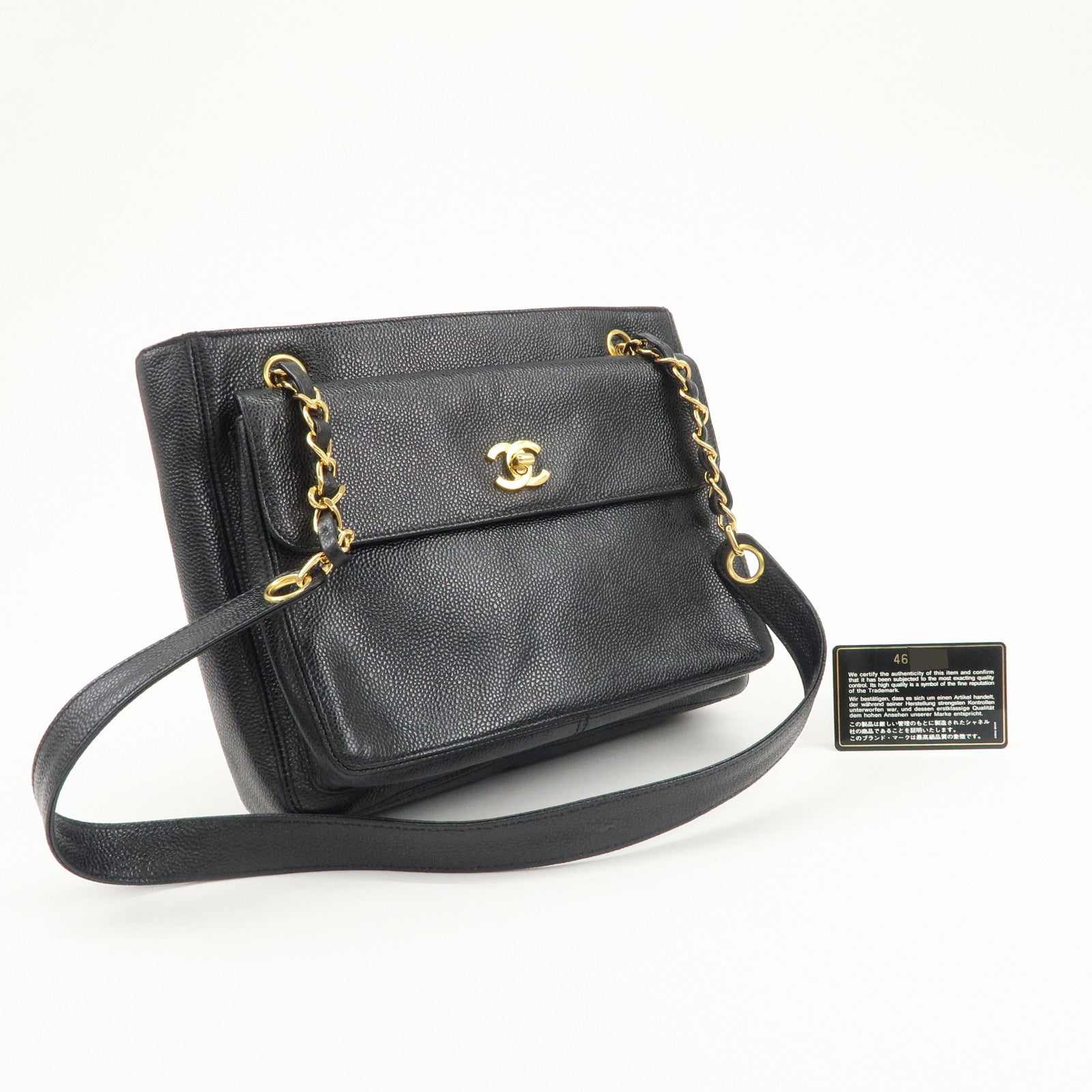 CHANEL COCO Mark Caviarskin Chain Tote Bag Black Used