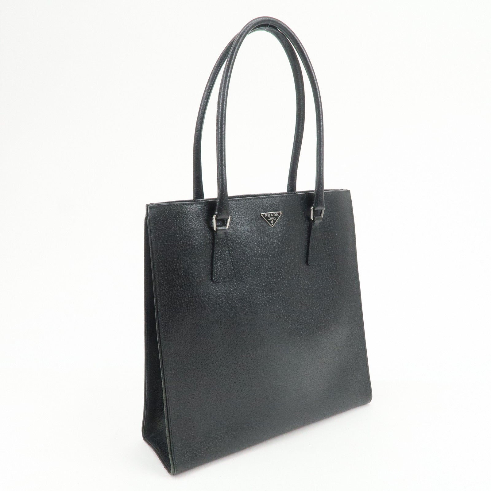 PRADA Triangle Logo Leather Tote Bag Shoulder Bag Black BR0394