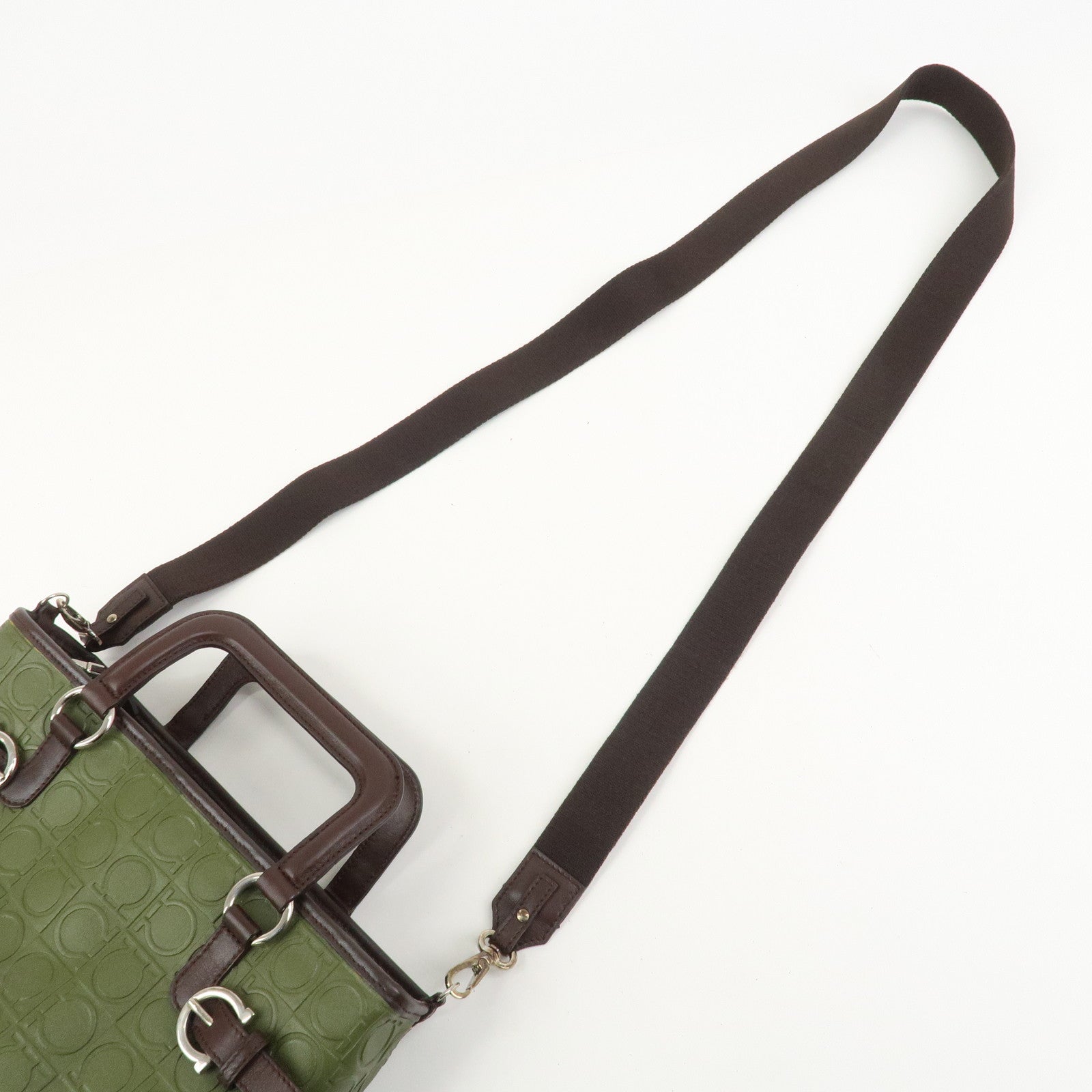 Ferragamo Gancini Embossed Leather 2Way Hand Shoulder Bag Green