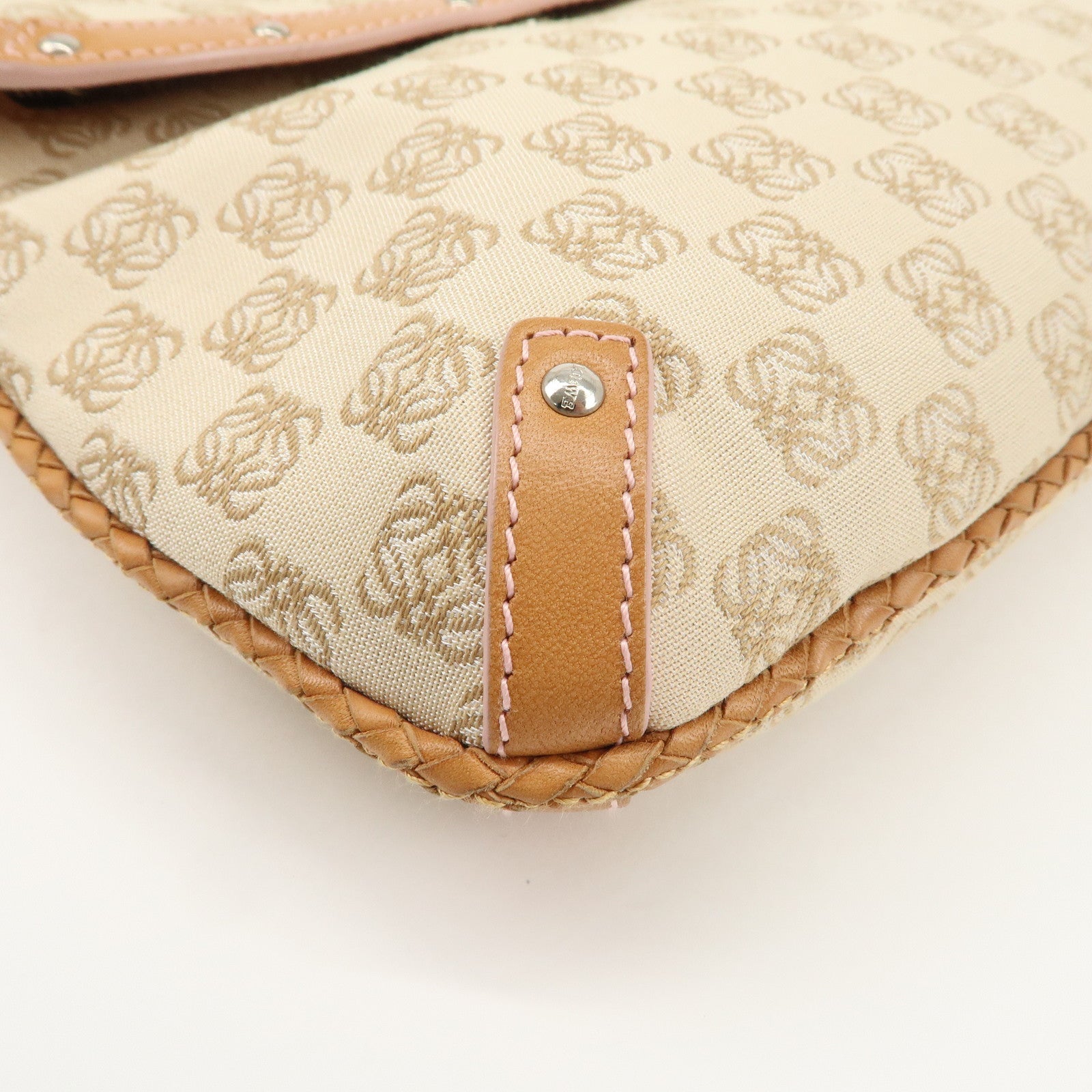 LOEWE Repeat Anagram Leather Canvas Chain Shoulder Bag Beige Brown Used