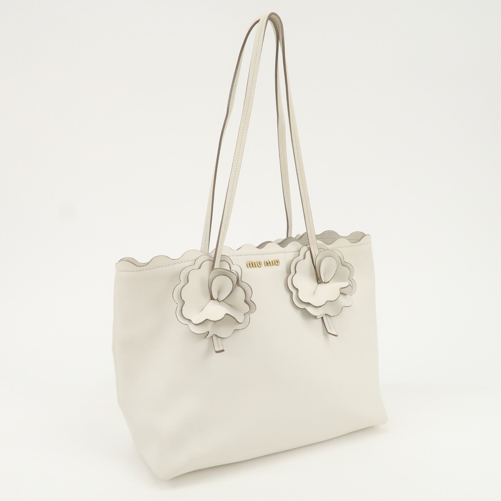 MIU MIU Leather Flower Tote Bag Hand Bag White 5BG054 Used