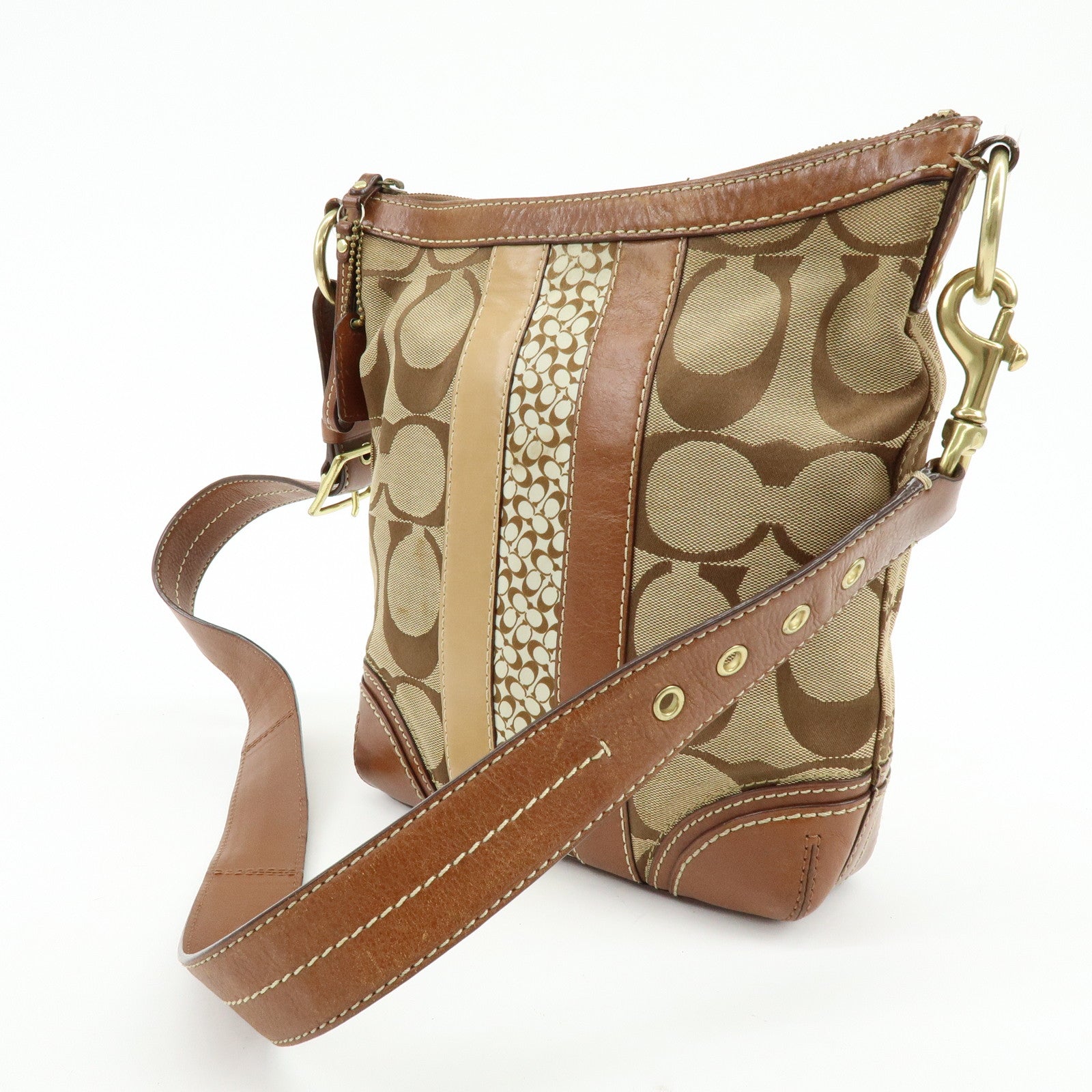 COACH Signature Set of 2 Canvas Leather Shoulder Bag Beige Camel