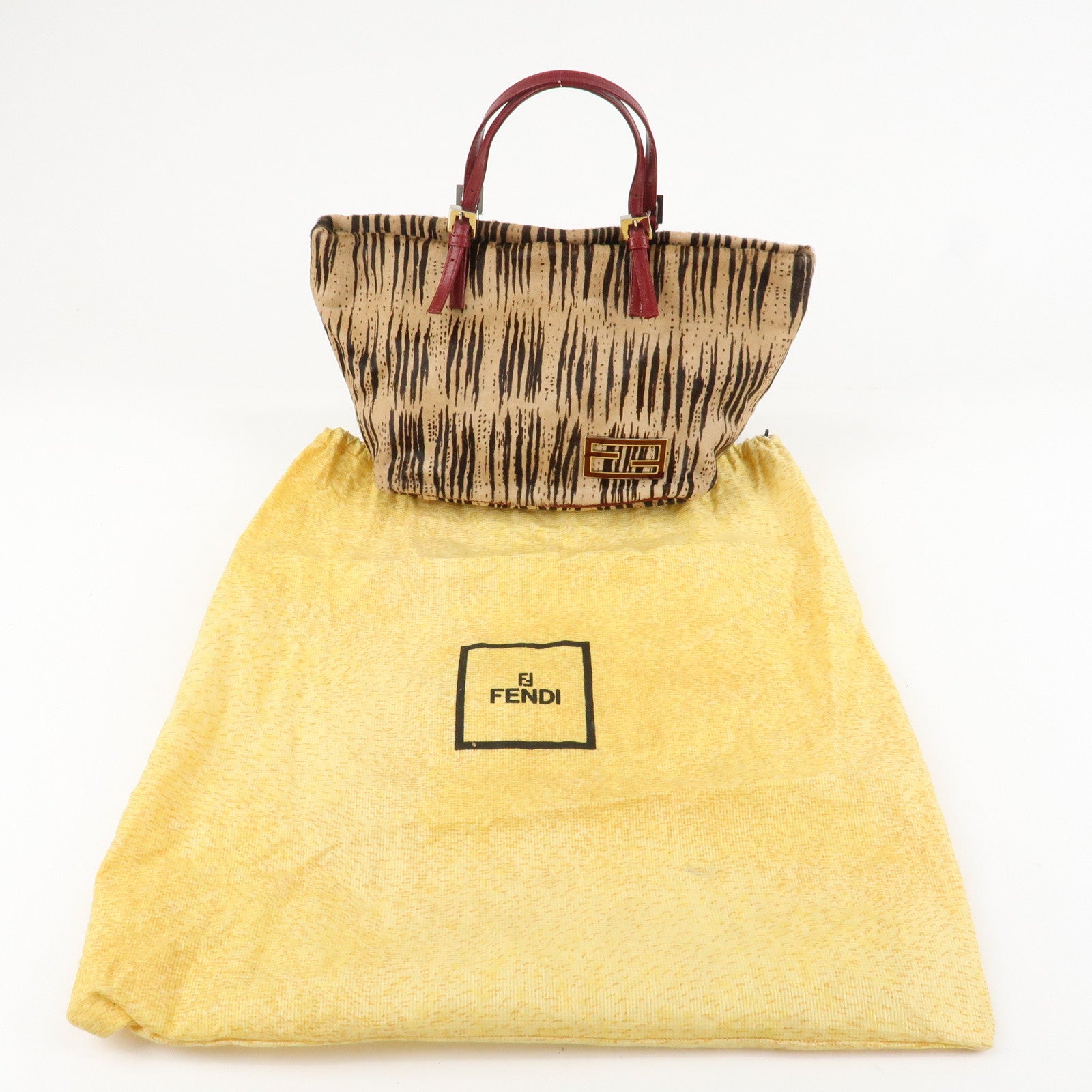 FENDI Leather Unborn Calf Tote Bag Hand Bag Zebra Brown Red Used