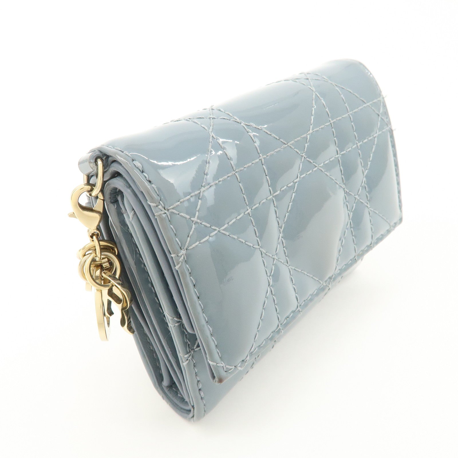 Christian Dior Cannage Patent Leather Compact Wallet Blue Used