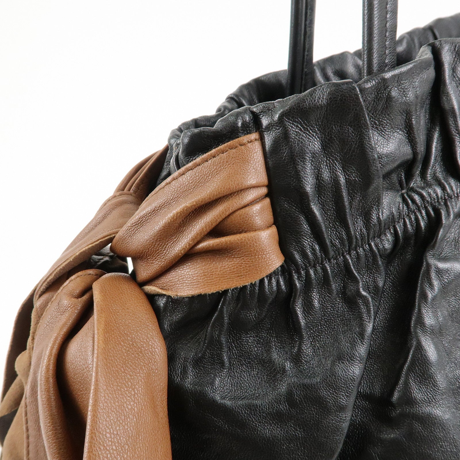 PRADA Leather Ribbon Shoulder Bag Hand Bag Black Brown Used