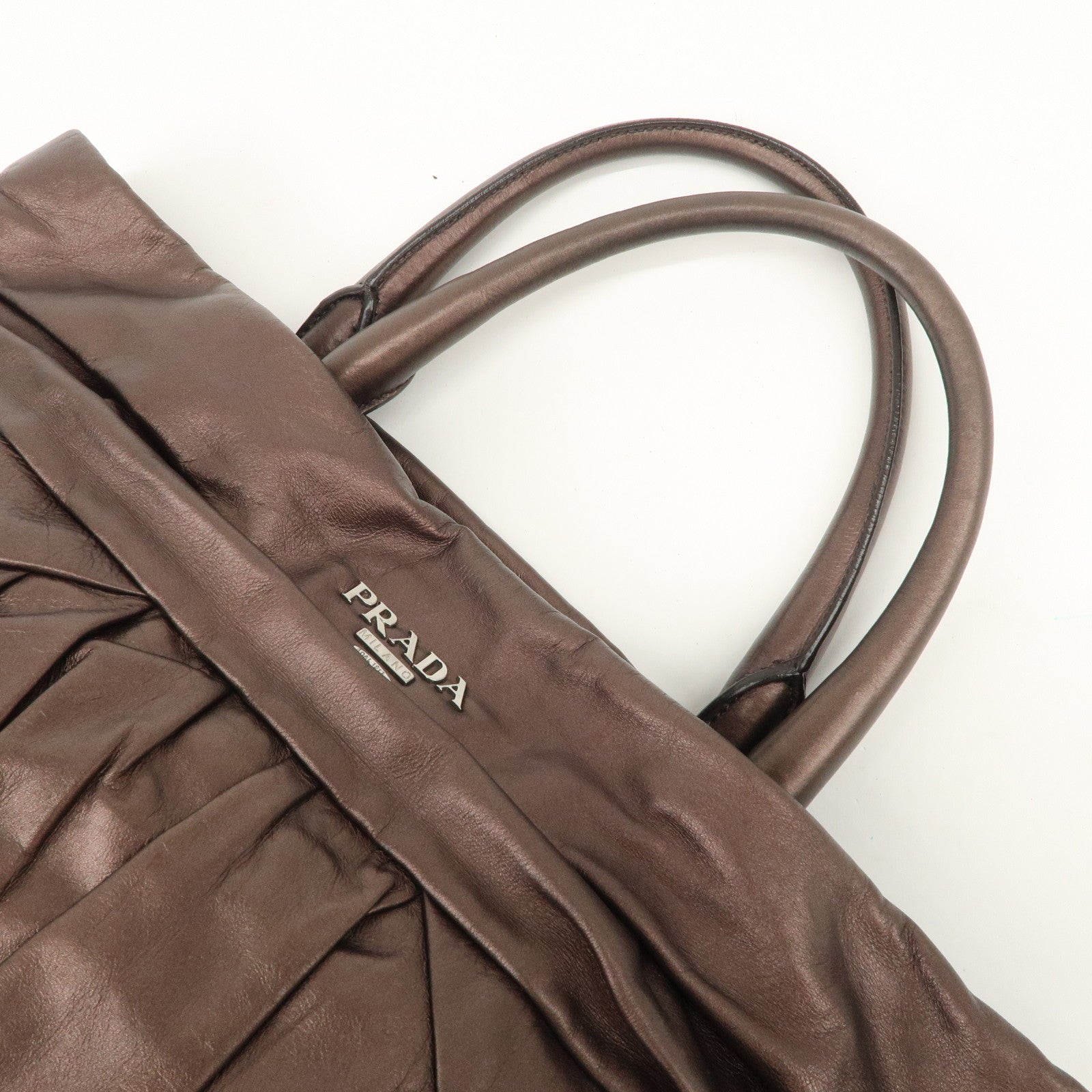 Prada Gathered Leather Tote Bag Hand Bag Bronze Silver HDW BN1719 Used