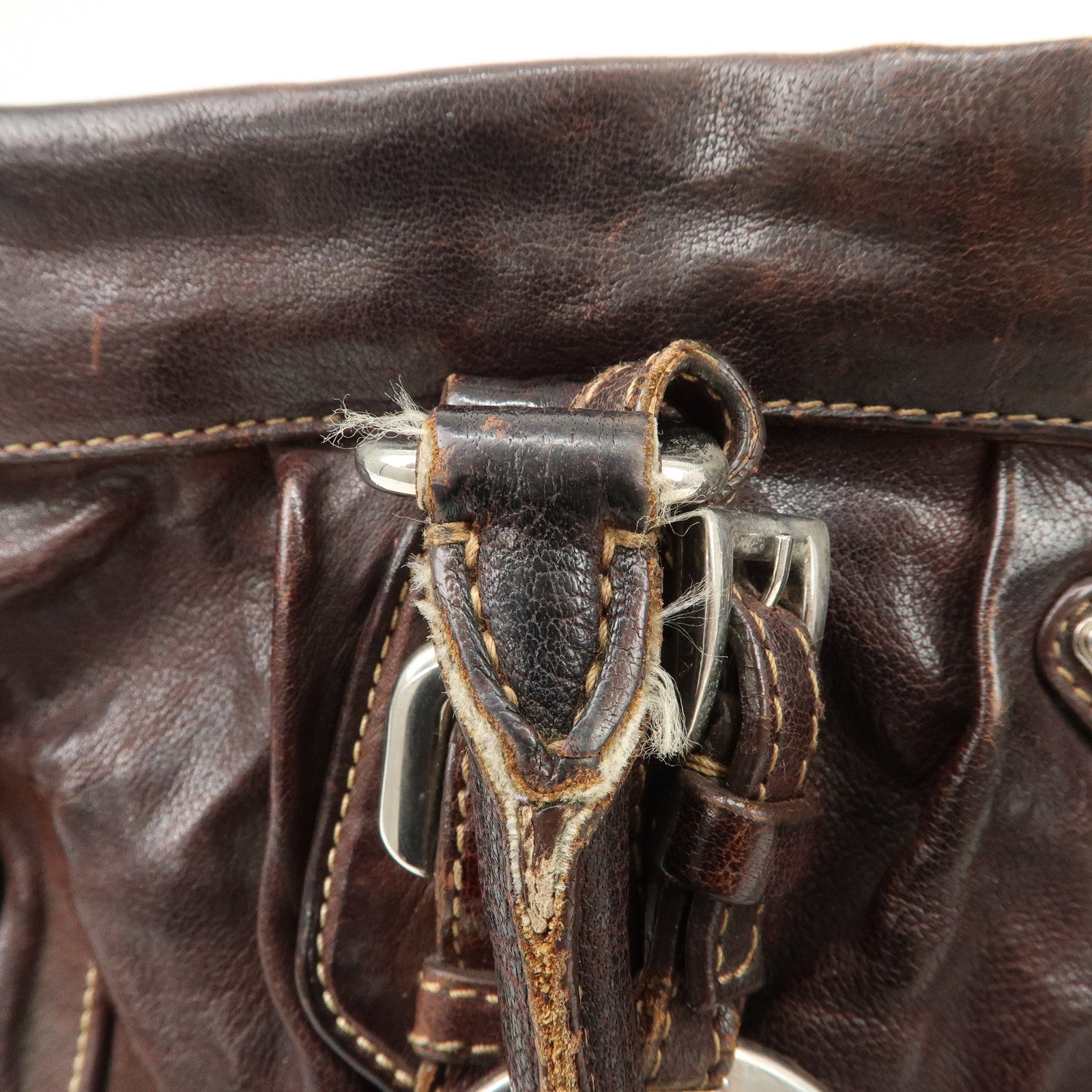 PRADA Triangle Logo Leather 2Way Bag Hand Bag Dark Brown BN1279 Used