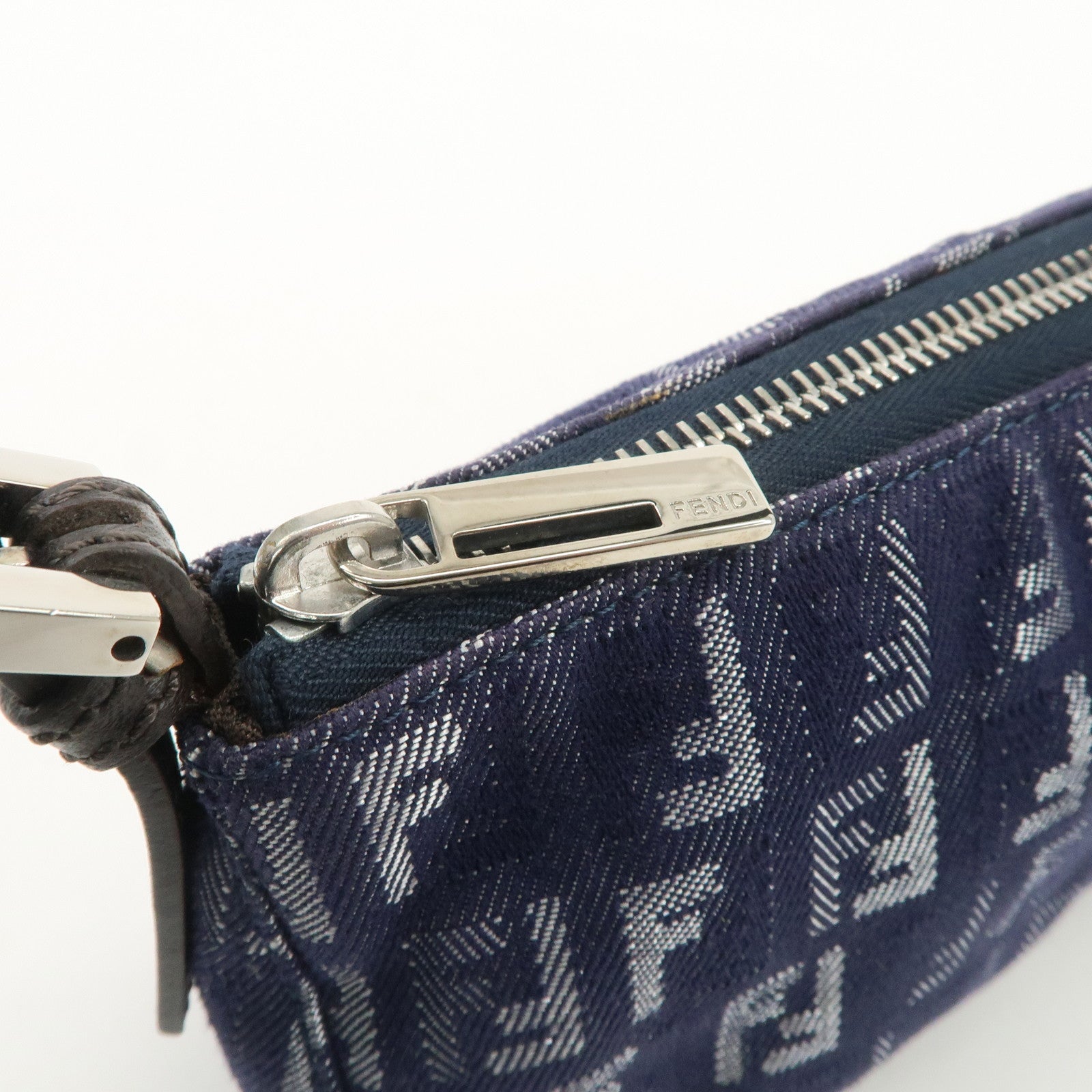 FENDI Zucchino Canvas Leather Shoulder Bag Pouch Navy 8BR249 Used