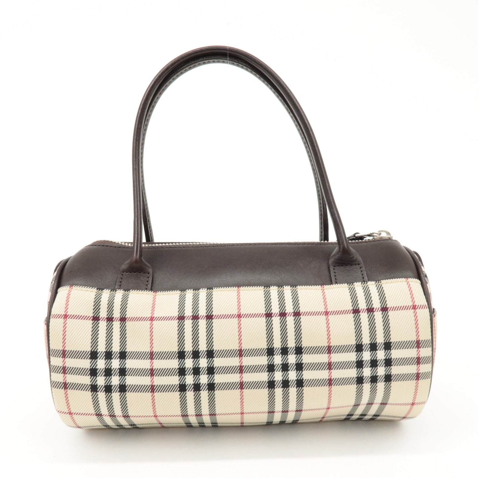 BURBERRY Leather Canvas Hand Bag Nova Plaid Beige Brown Used