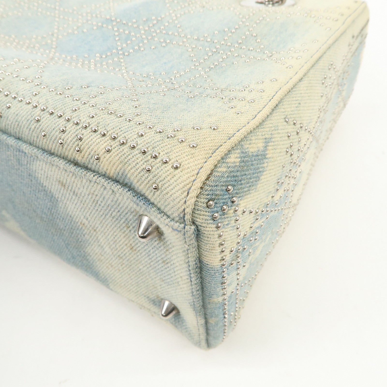 Christian Dior Cannage Leather Denim 2 Way Tote Bag Studs Beige Blue