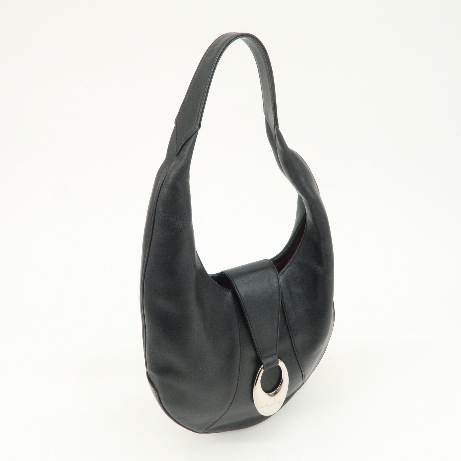 BVLGARI Leather Shoulder Bag Hand Bag Black Silver