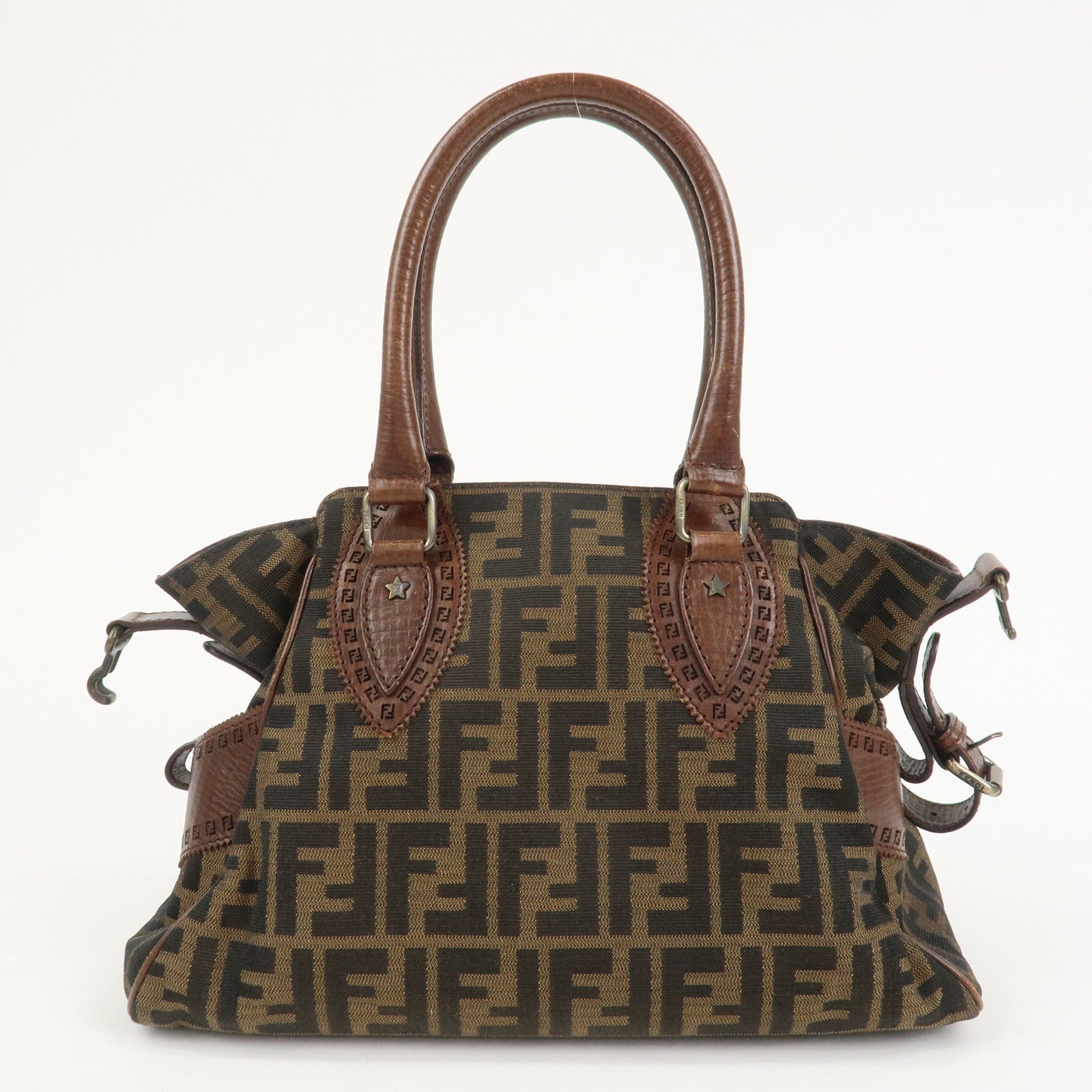 FENDI Etnico Zucca Canvas Leather Shoulder Bag Brown Black 8BN157