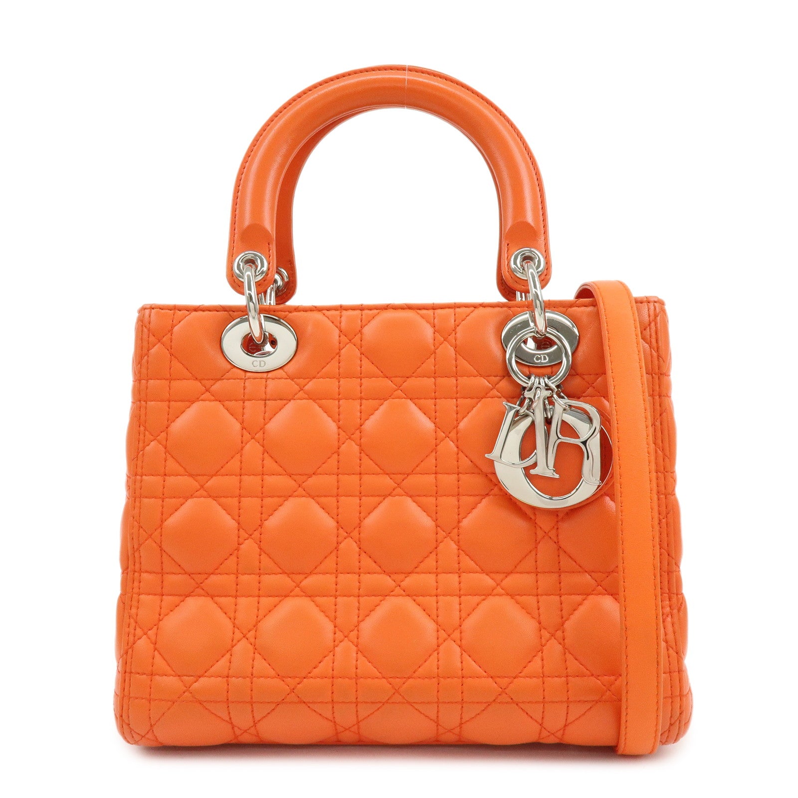 Christian Dior Lady Dior Cannage 2Way Hand Bag Shoulder Bag Orange