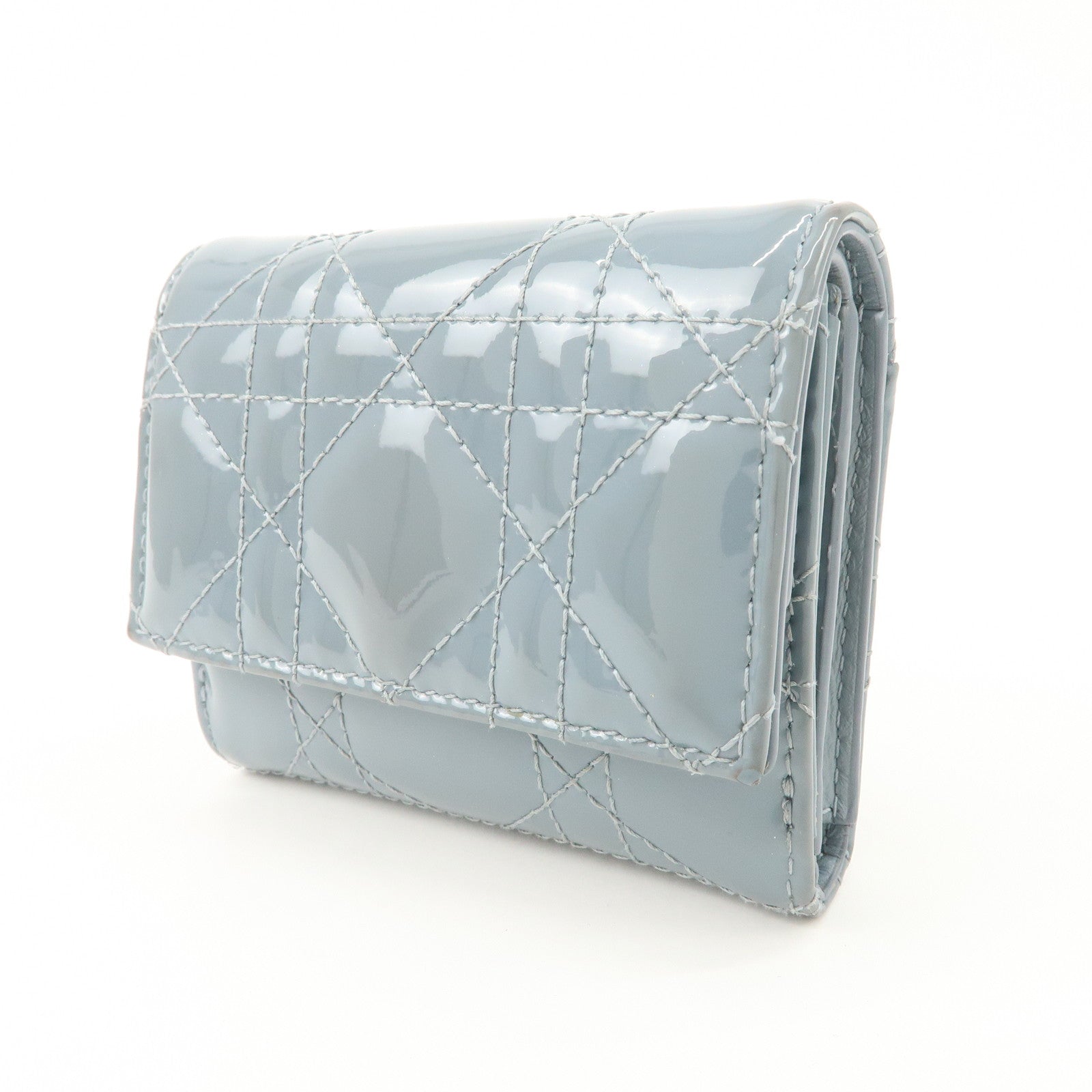 Christian Dior Cannage Patent Leather Compact Wallet Blue Used