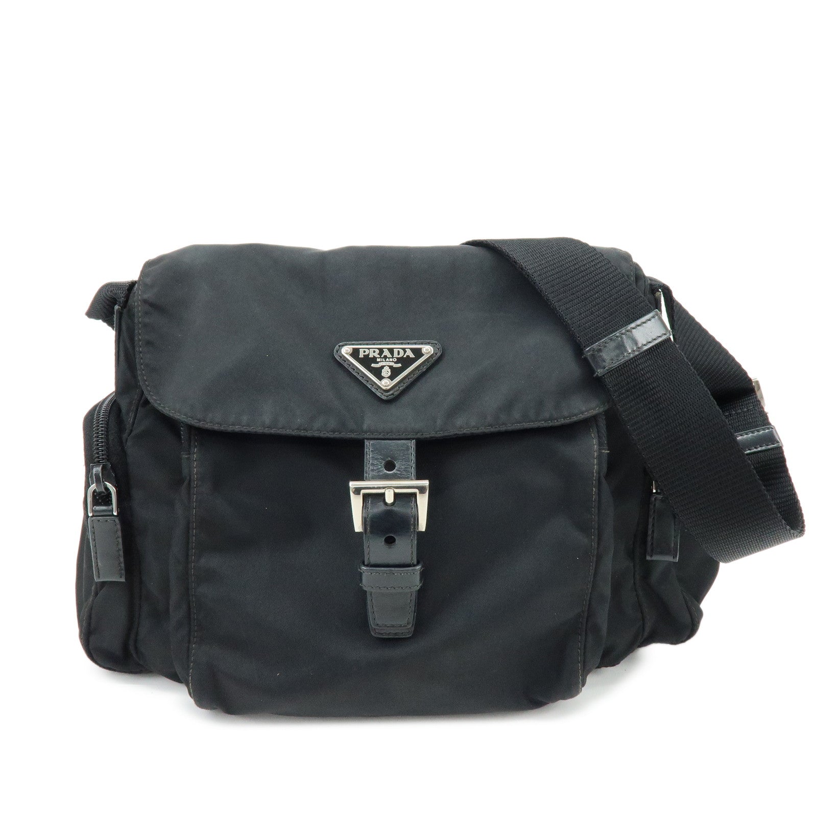 PRADA Triangle Logo Nylon Leather Shoulder Bag Crossbody Bag Black