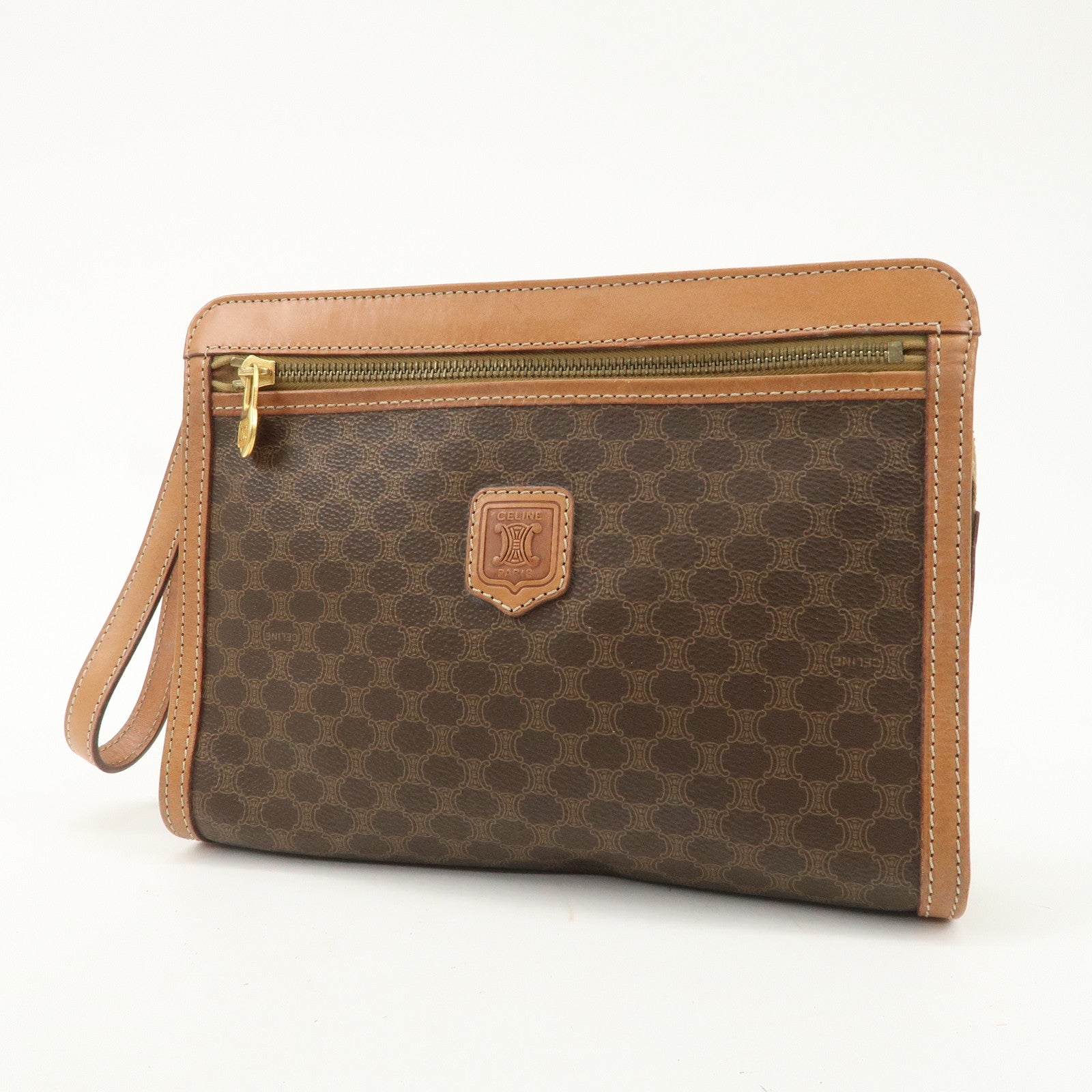CELINE Macadam PVC Leather Clutch Bag Brown Gold HDW