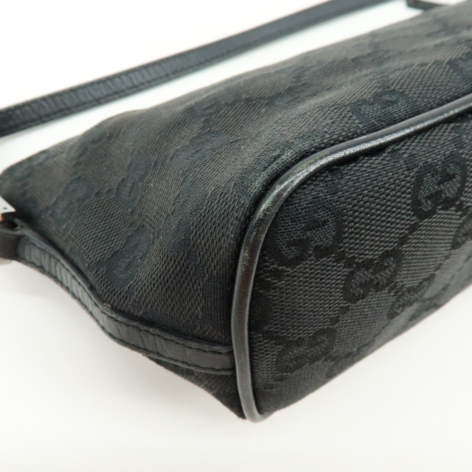 GUCCI Boat Bag GG Canvas Leather Hand Bag Pouch Black 07198