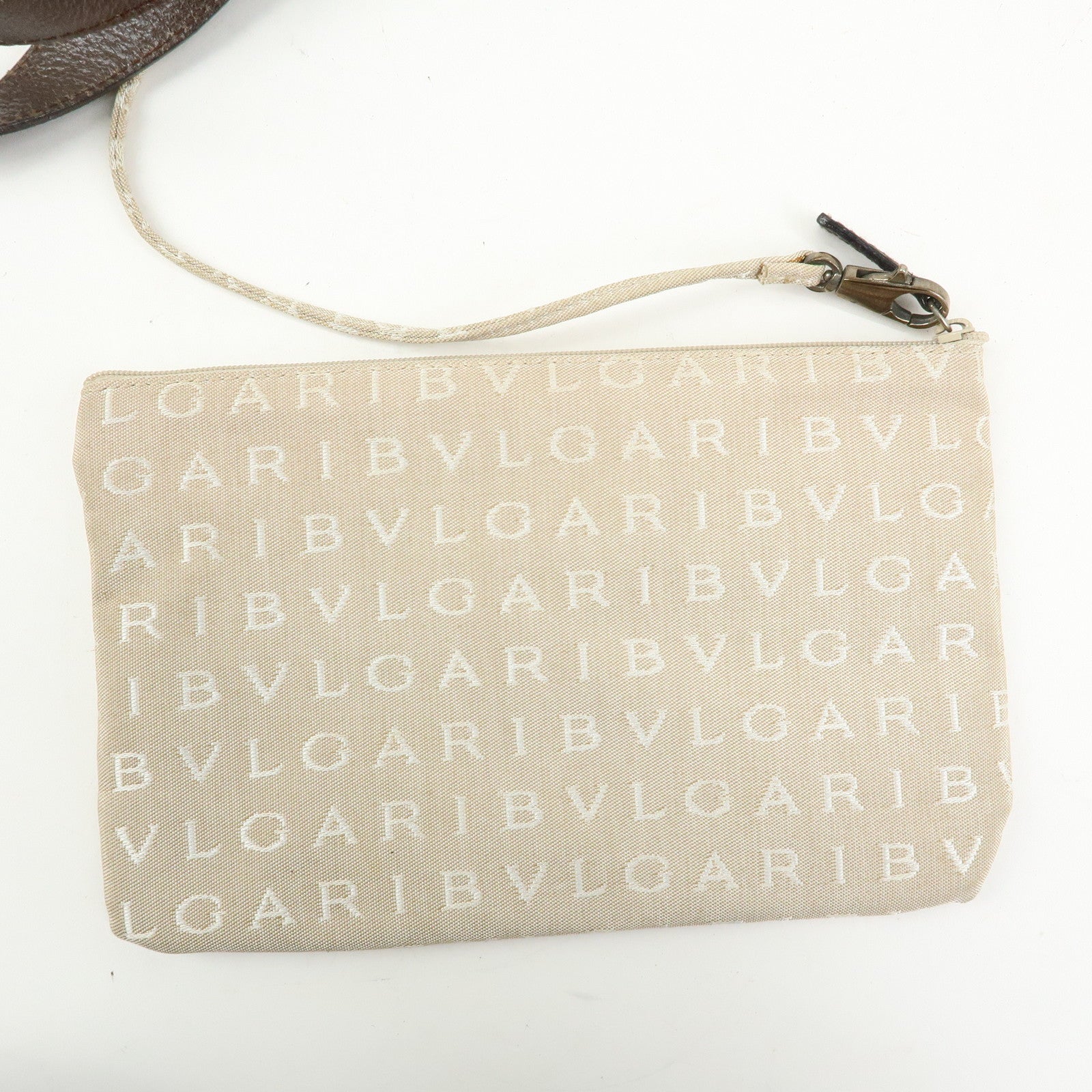 BVLGARI Logo Mania Canvas Leather Tote Bag Hand Bag Beige Brown