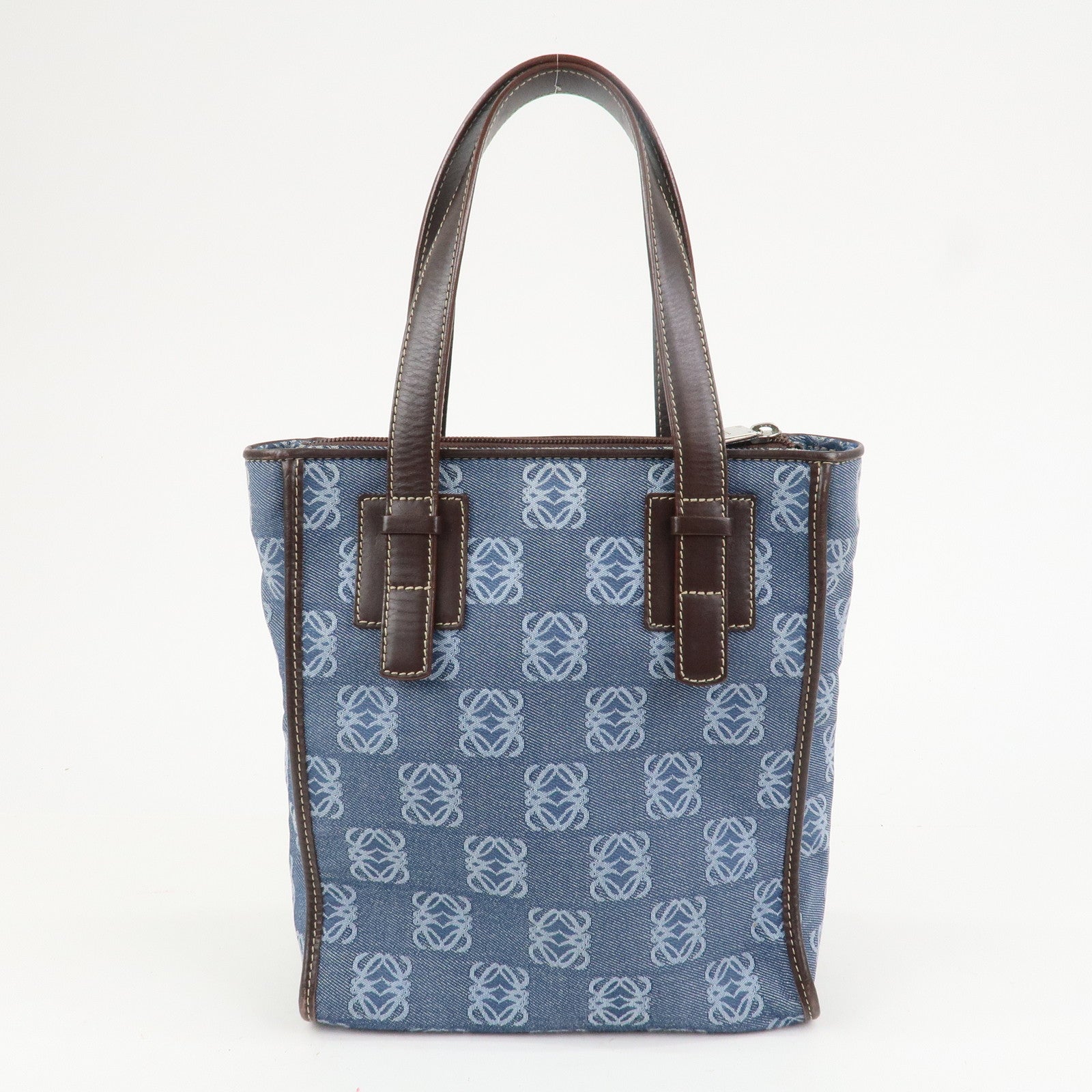 LOEWE Repeat Anagram Canvas Leather Tote Bag Hand Bag Blue Brown