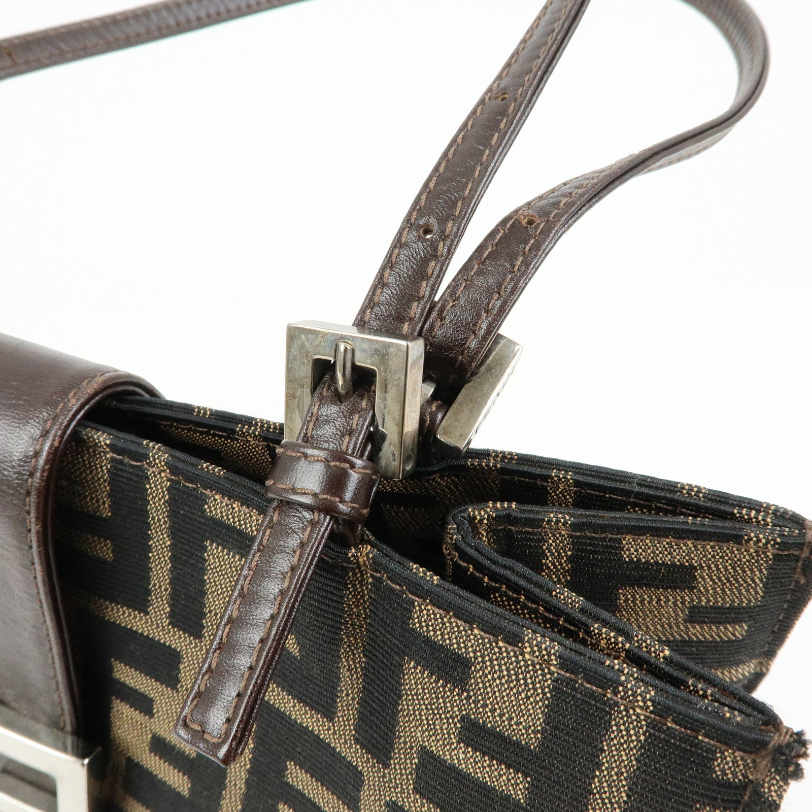 FENDI Zucca Canvas Leather Handbag Shoulder Bag Brown Black