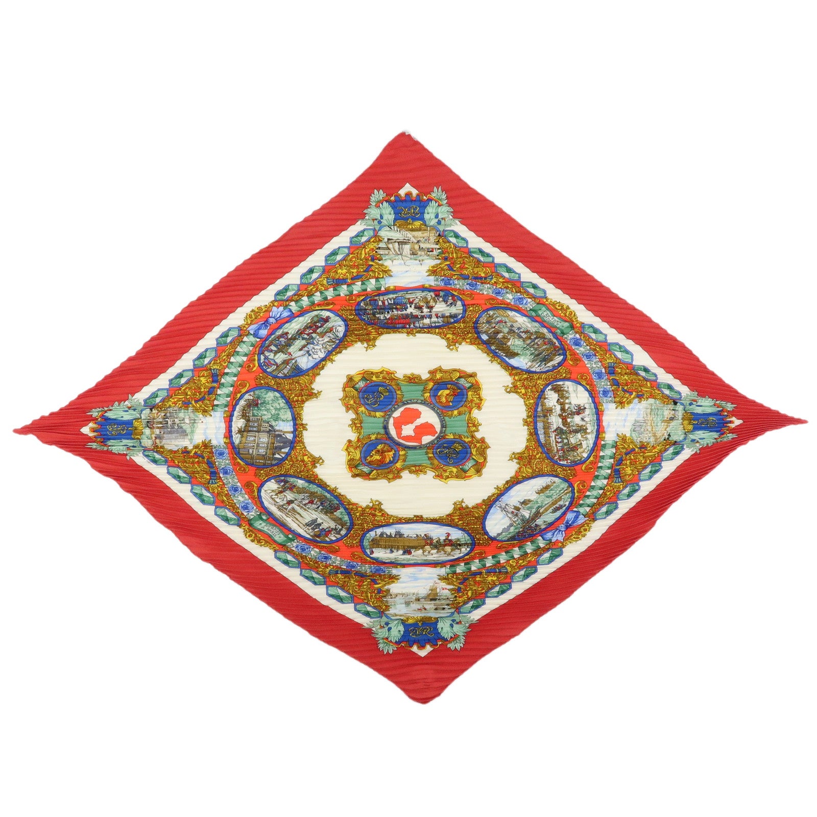 HERMES Pleated Carre Silk 100% Scarf L'ENTENTE CORDIALE Red Blue