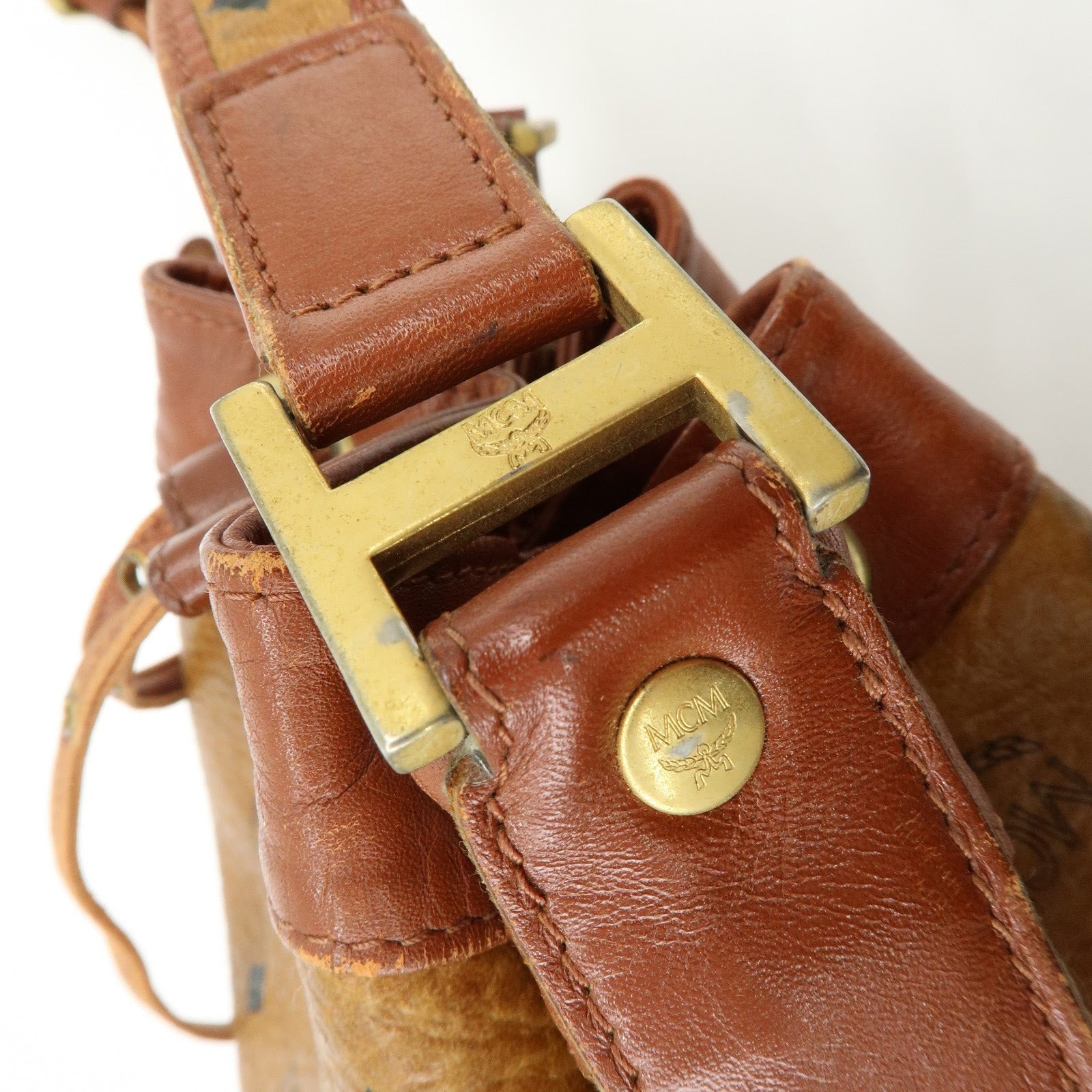 MCM Visetos Leather Drawstring Shoulder Bag Crossbody Bag Brown