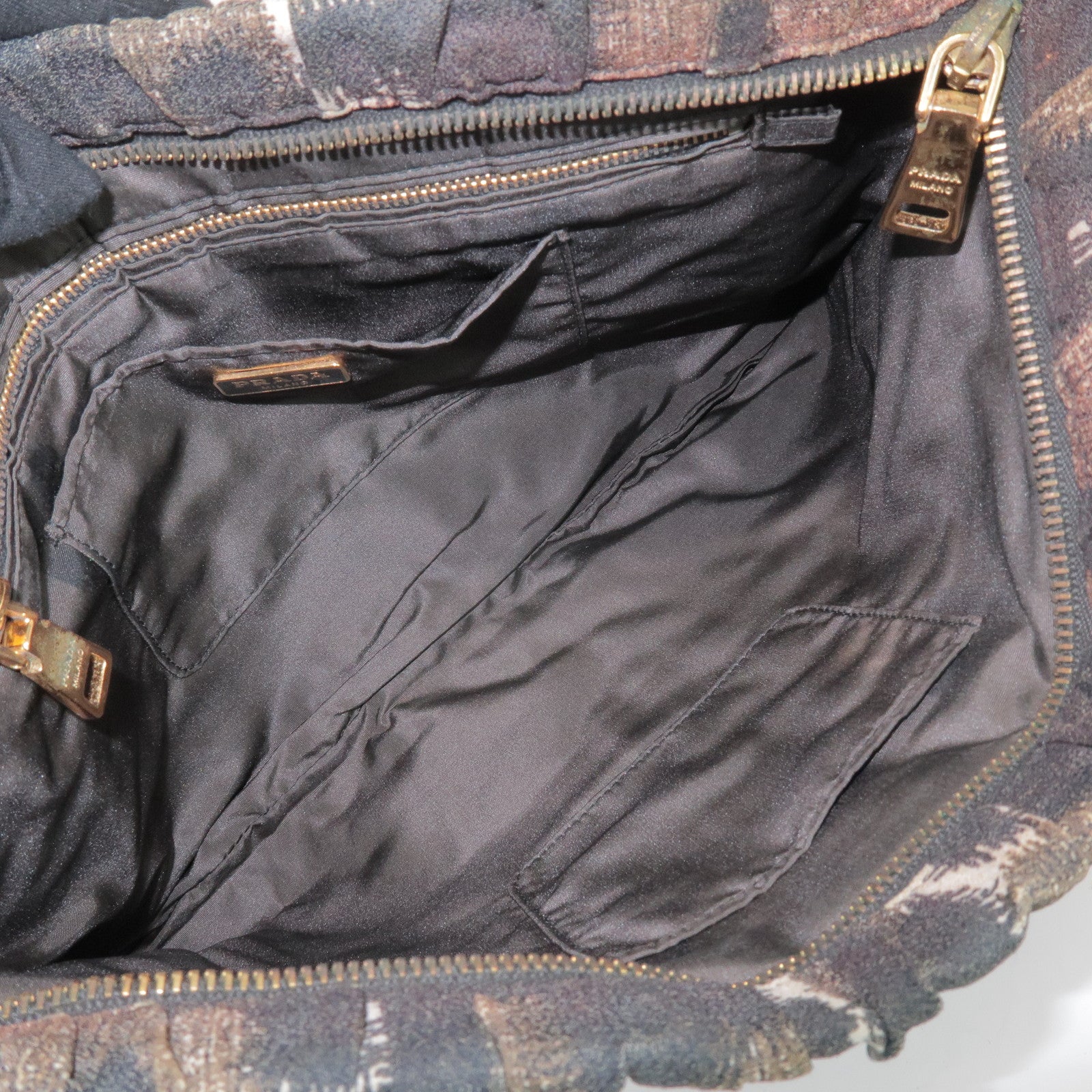 PRADA Logo Canvas Camouflage Gathered Design Clutch Bag Khaki Black