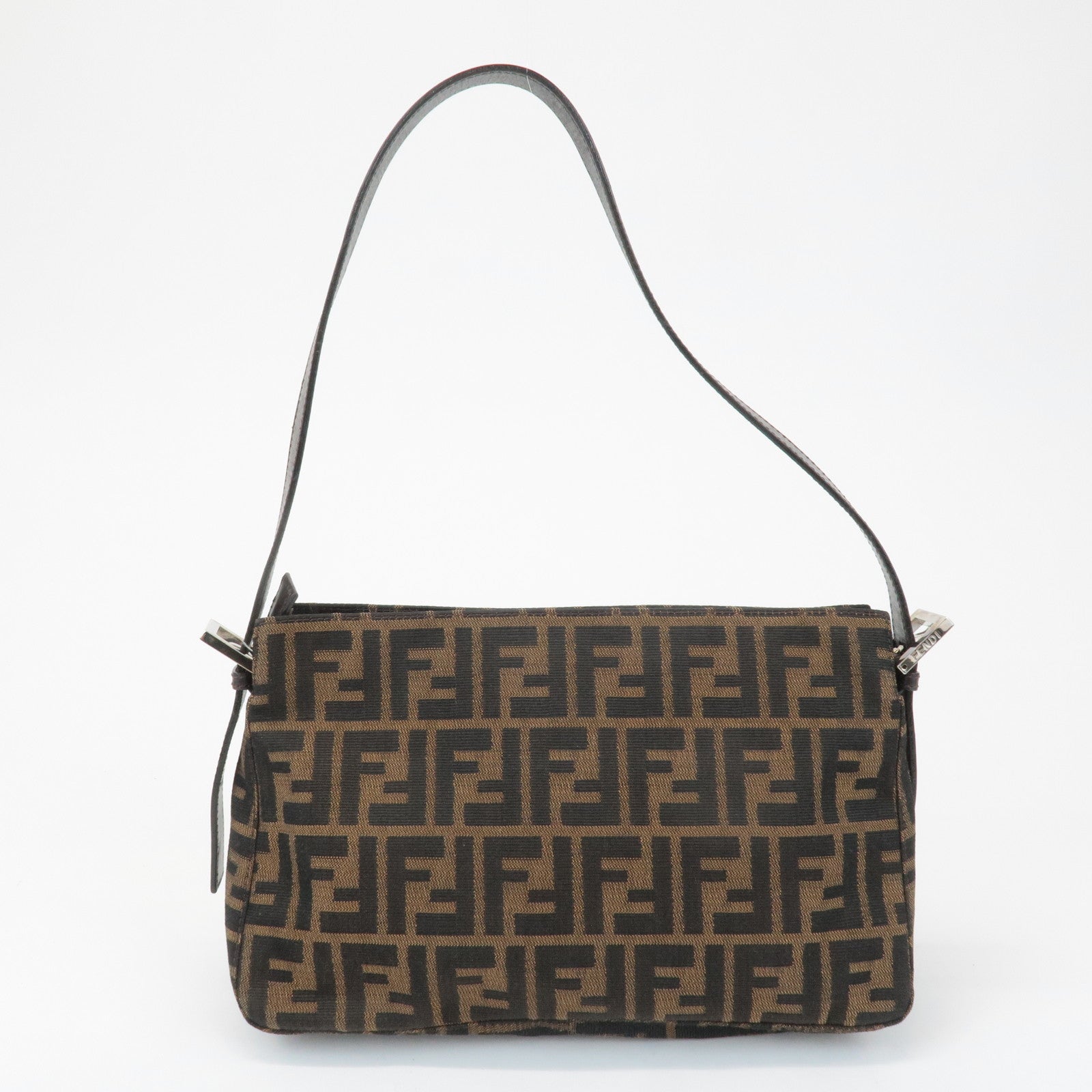 FENDI Zucca Canvas Leather Semi Shoulder Bag Black Brown 26566