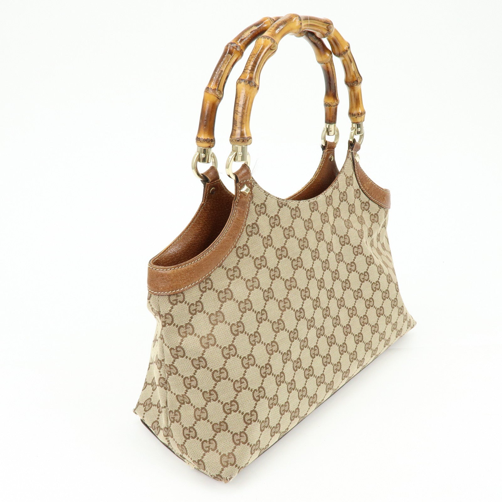 GUCCI Bamboo GG Canvas Leather Tote Bag Hand Bag Brown Beige 137395