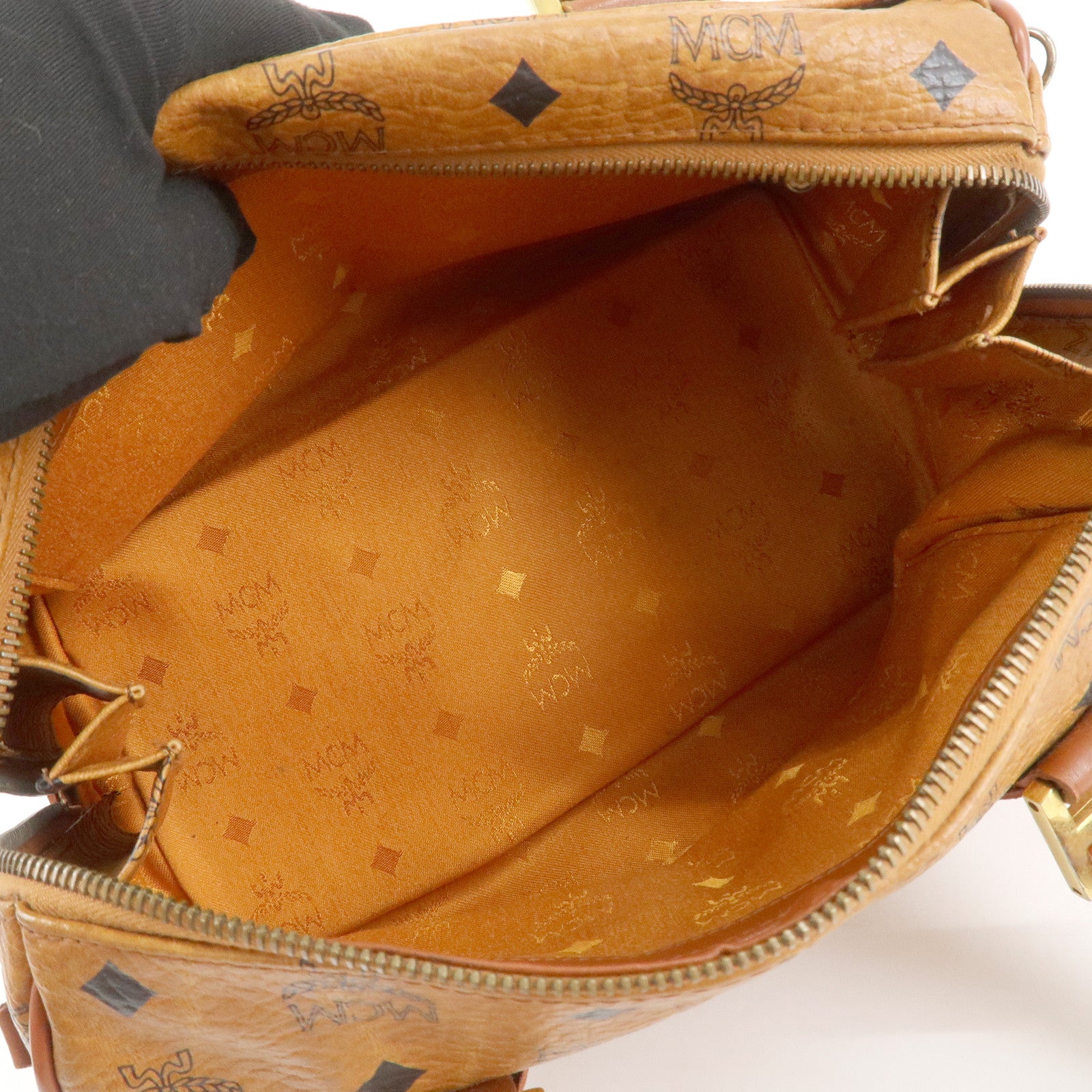 MCM Visetos Leather Boston Bag Hand Bag Brown Gold Hardware Used