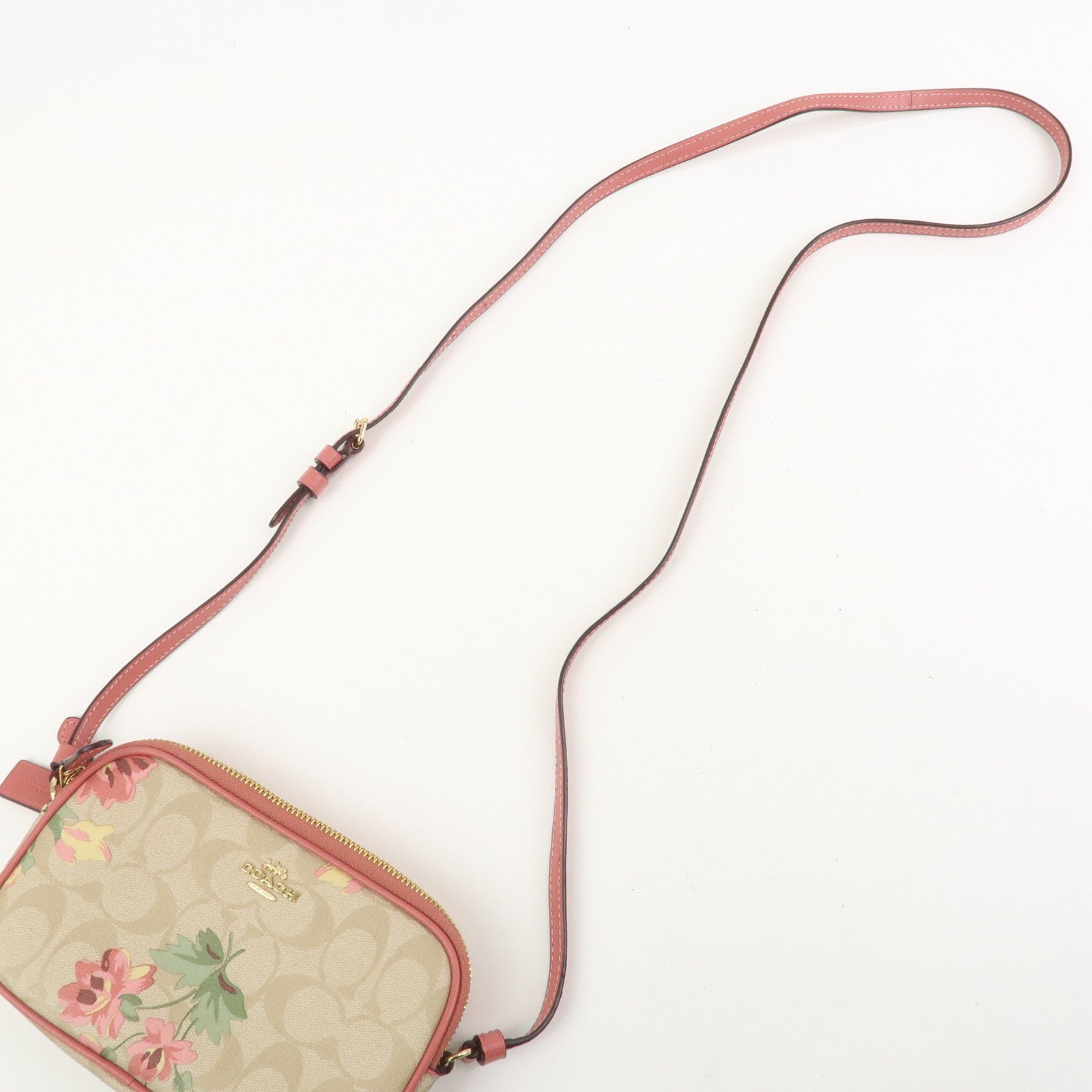 COACH Signature PVC Canvas Leather Shoulder Bag Beige Pink