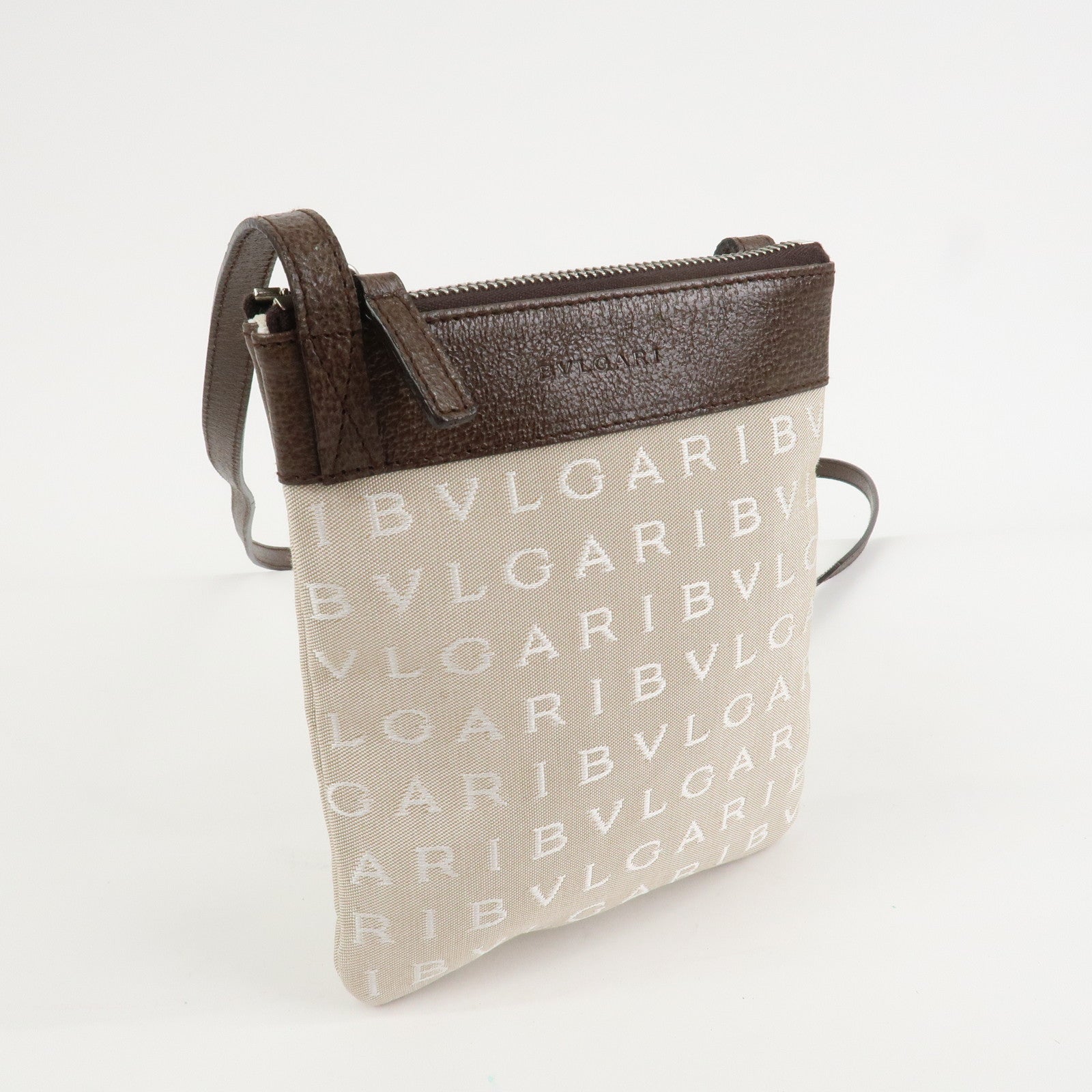 BVLGARI Logo Mania Leather Canvas Shoulder Bag Beige Brown