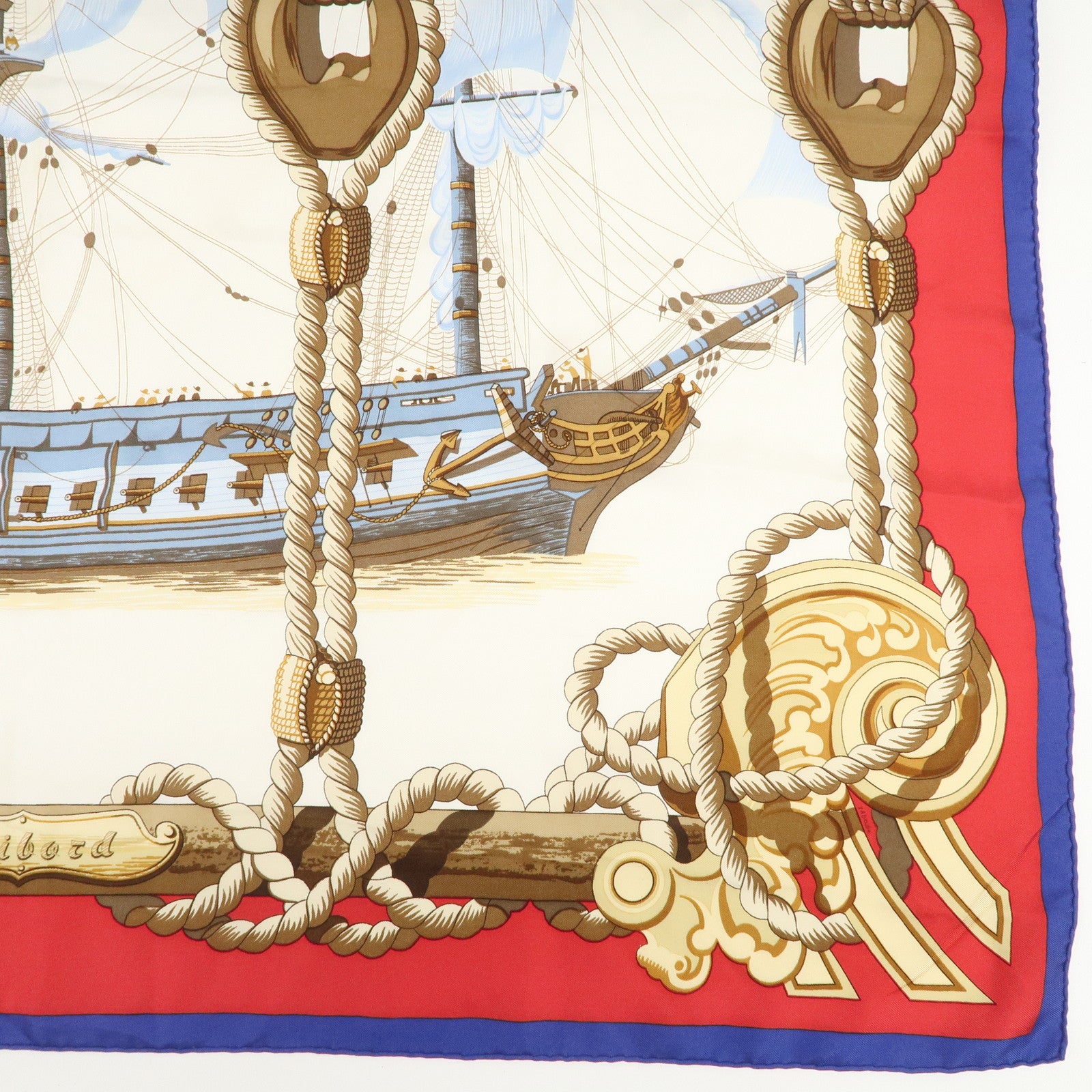 HERMES Carre 90 Silk 100% Lephyr Scarf Ivory Red Blue