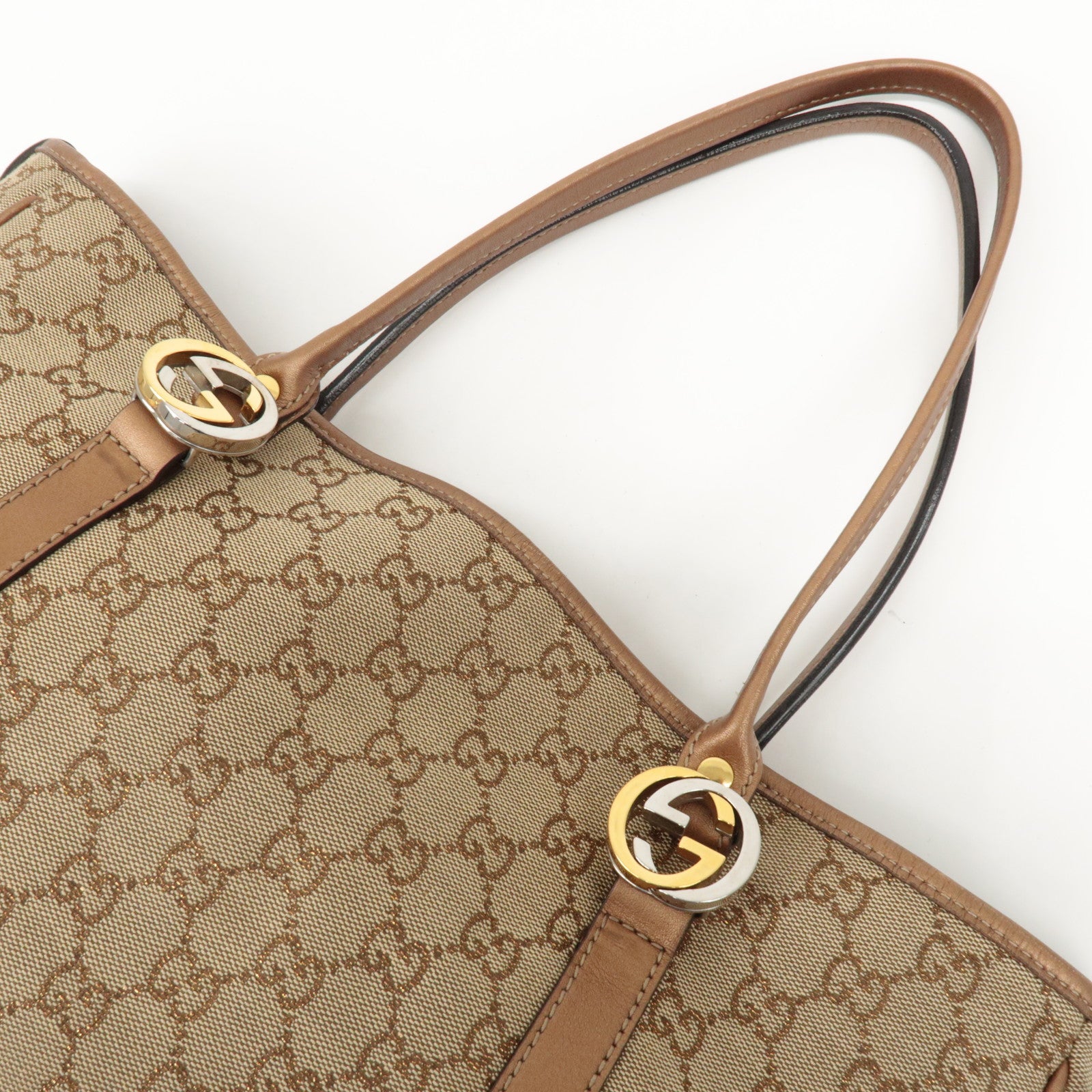GUCCI GG Twins GG Canvas Leather Tote Bag Beige Bronze 232957 Used