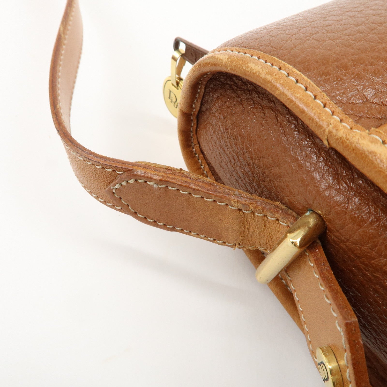 Christian Dior Logo Leather Shoulder Bag Brown Gold HDW