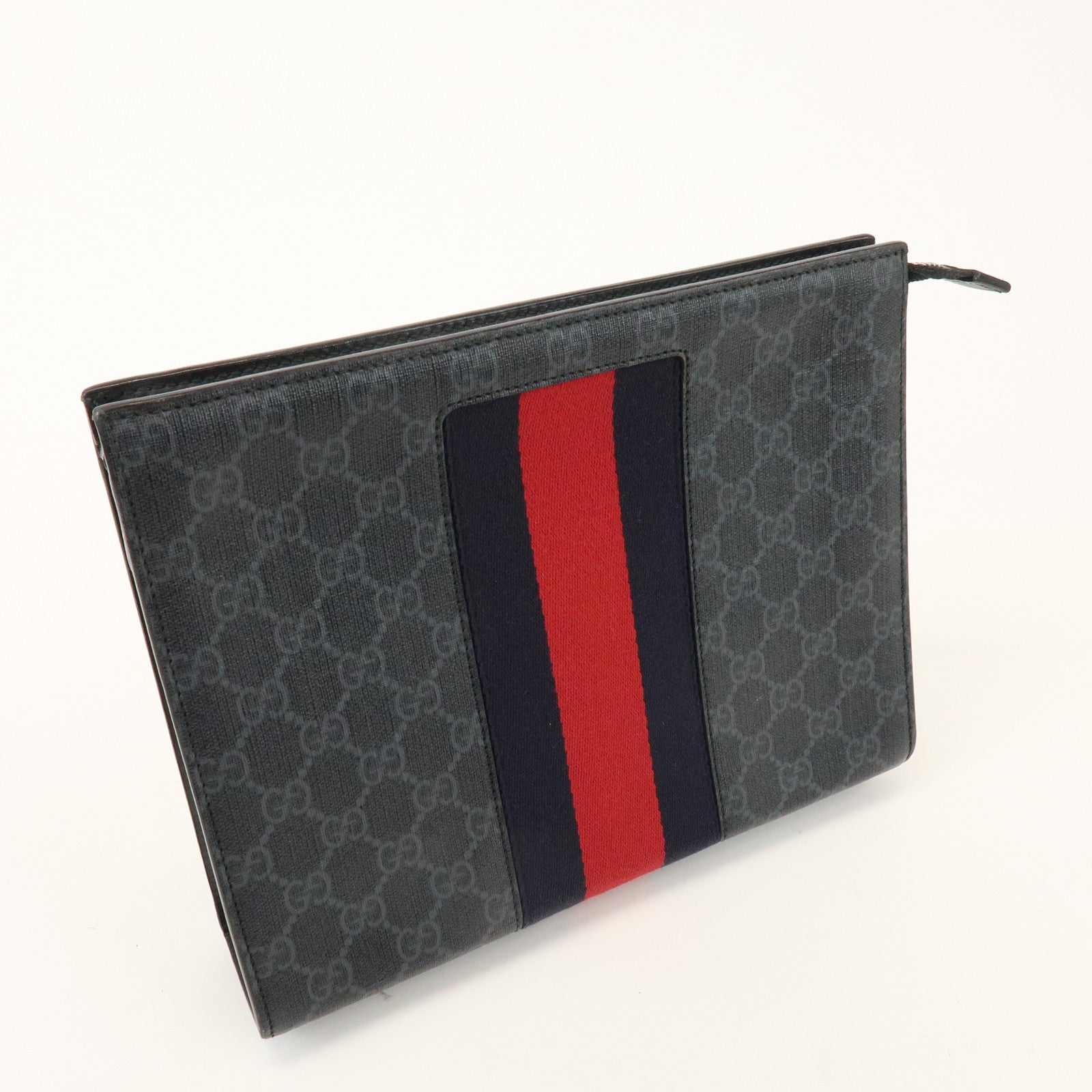 GUCCI Sherry GG Supreme Leather Clutch Bag Pouch Black Red 475316