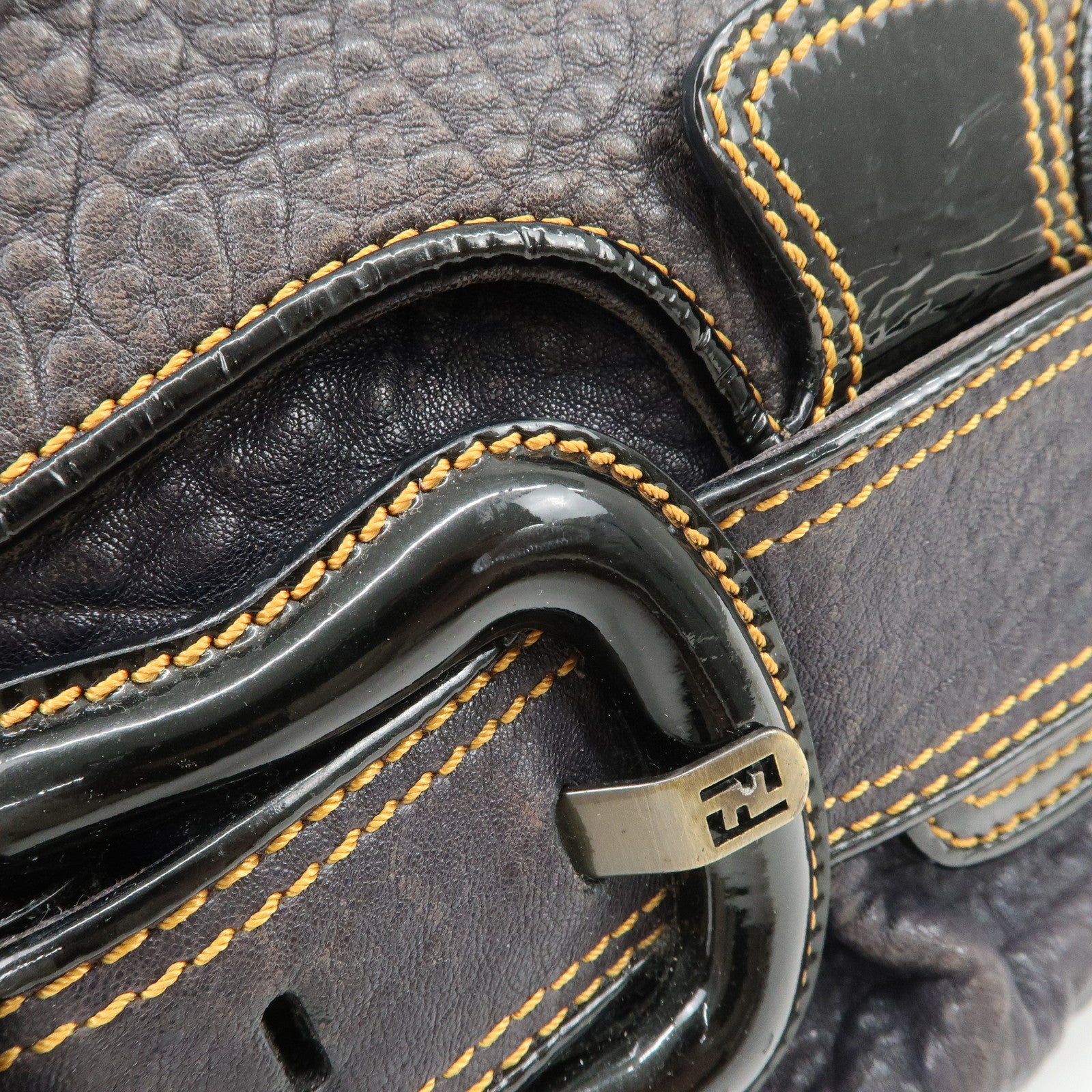 FENDI Leather Patent Leather shoulder Bag Belt Navy 8BR551