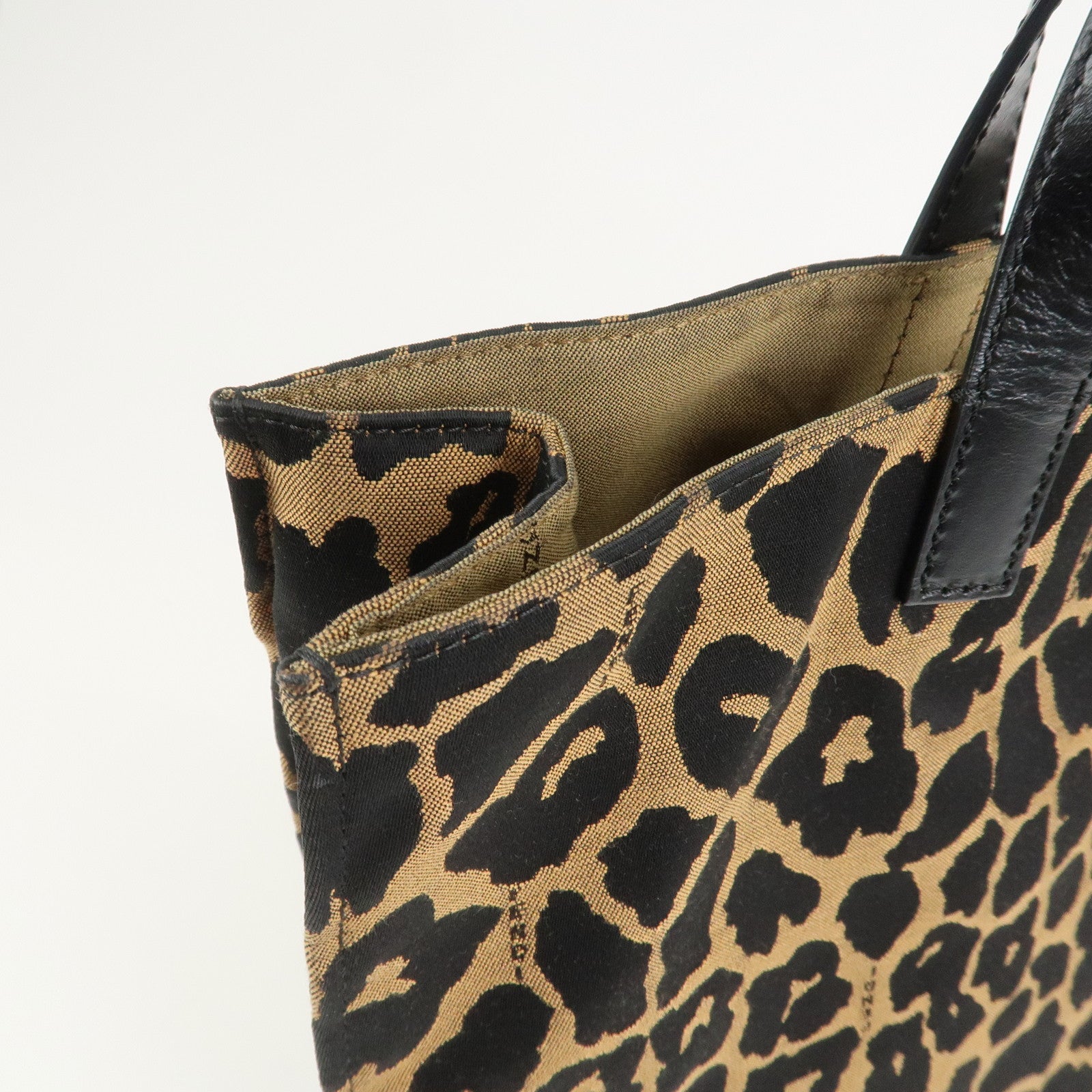 FENDI Leopard Canvas Leather Tote Bag Hand Bag Brown Black 8BH173