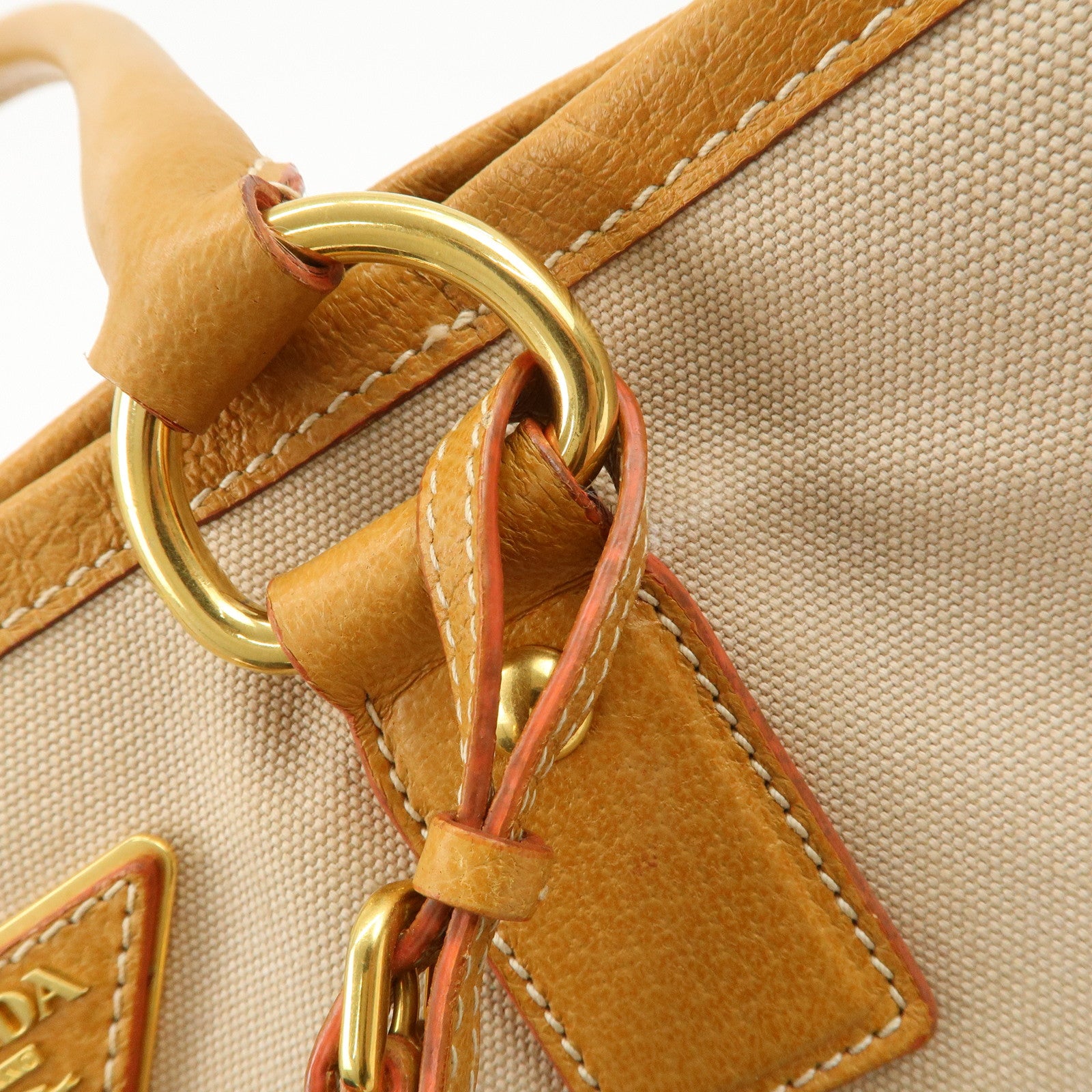PRADA Triangle Logo Leather Canvas 2 Way Tote Bag Beige Brown